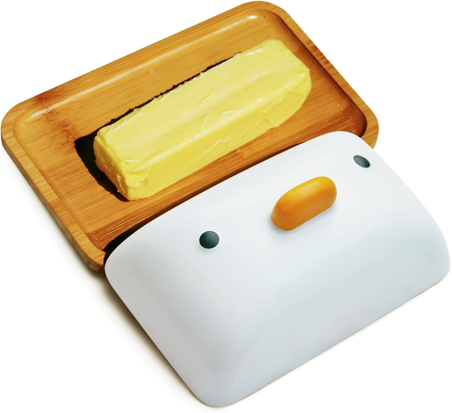 PURROOM Cute Duck Butter Dishes, Bamboo & Porcelain, White, 7" X 4.7" with Ceramic Lid