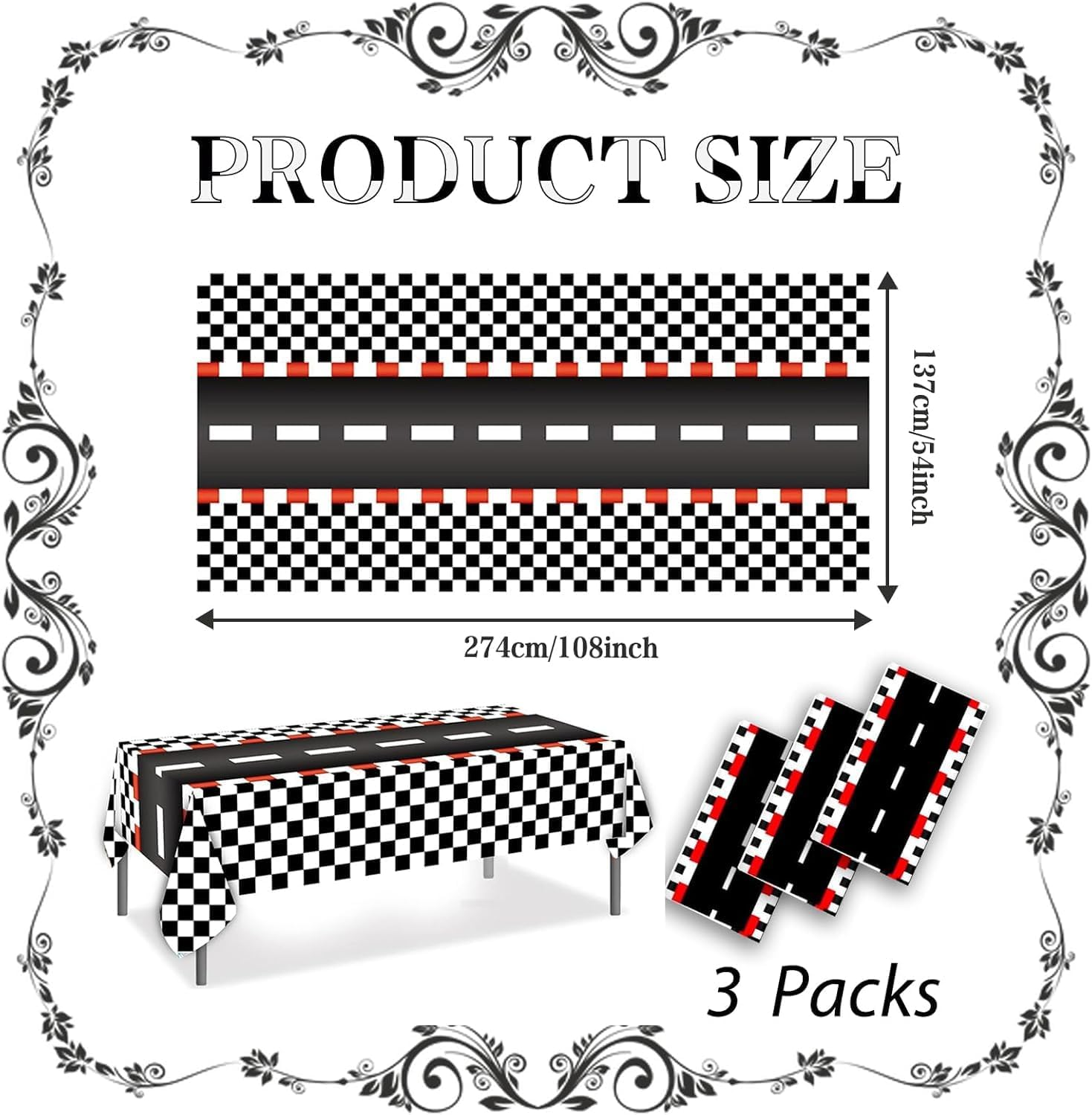 OQOQ Checkered Racing Track Tablecloth(3 Pack,Black White Checkered) - 54X108 Inches Cars Birthday Decorations Table Cloth Race Theme Party Disposable Plastic Table Cover Party Supplies