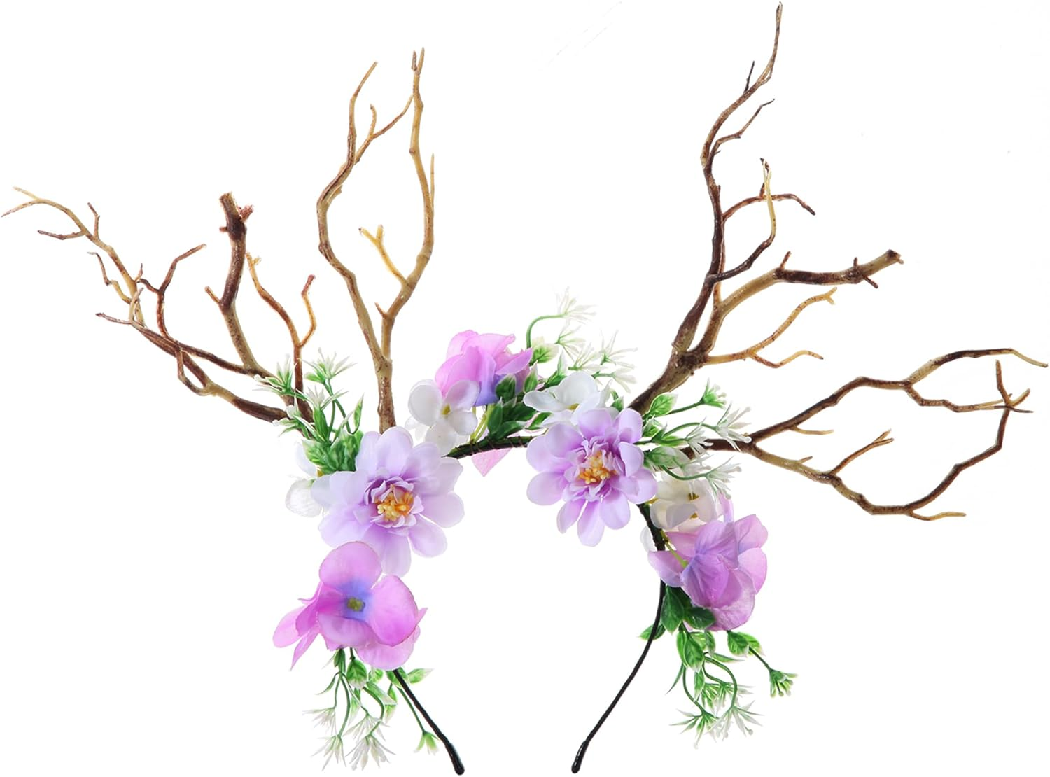 Korvishow Deer Antlers Branches Headband Flower Crowns for Women Woodland Forest Fairy Cosplay Costume Floral Headpiece Renaissance Accessories Party Wedding Hairband
