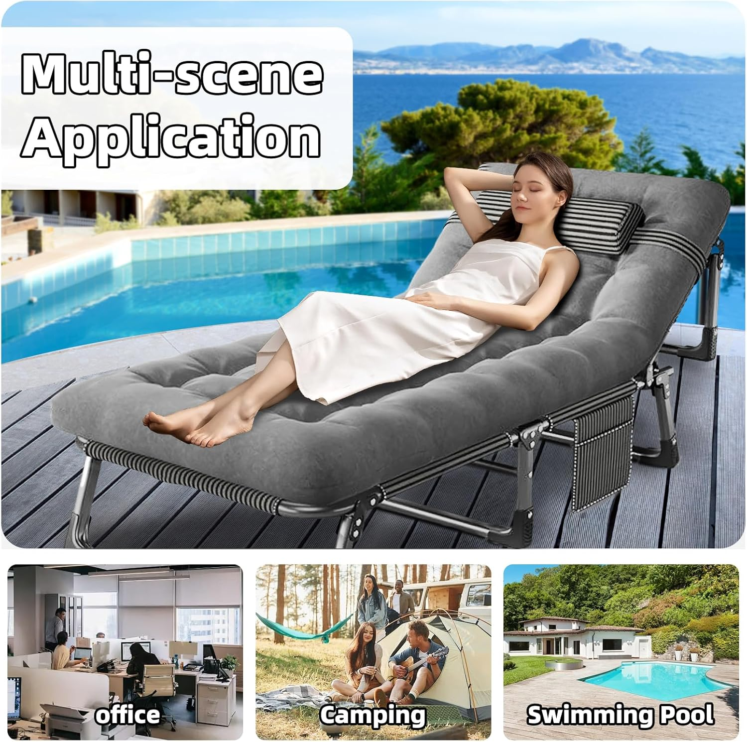 WAKYME Outdoor Lounges Chair Foldable Camping Chair, Adjustable Reclining Patio with Thick Padded, Lounge Chair for Outside, Folding Camping Chair for Garden, Lawn, Beach (Grey) image number 2