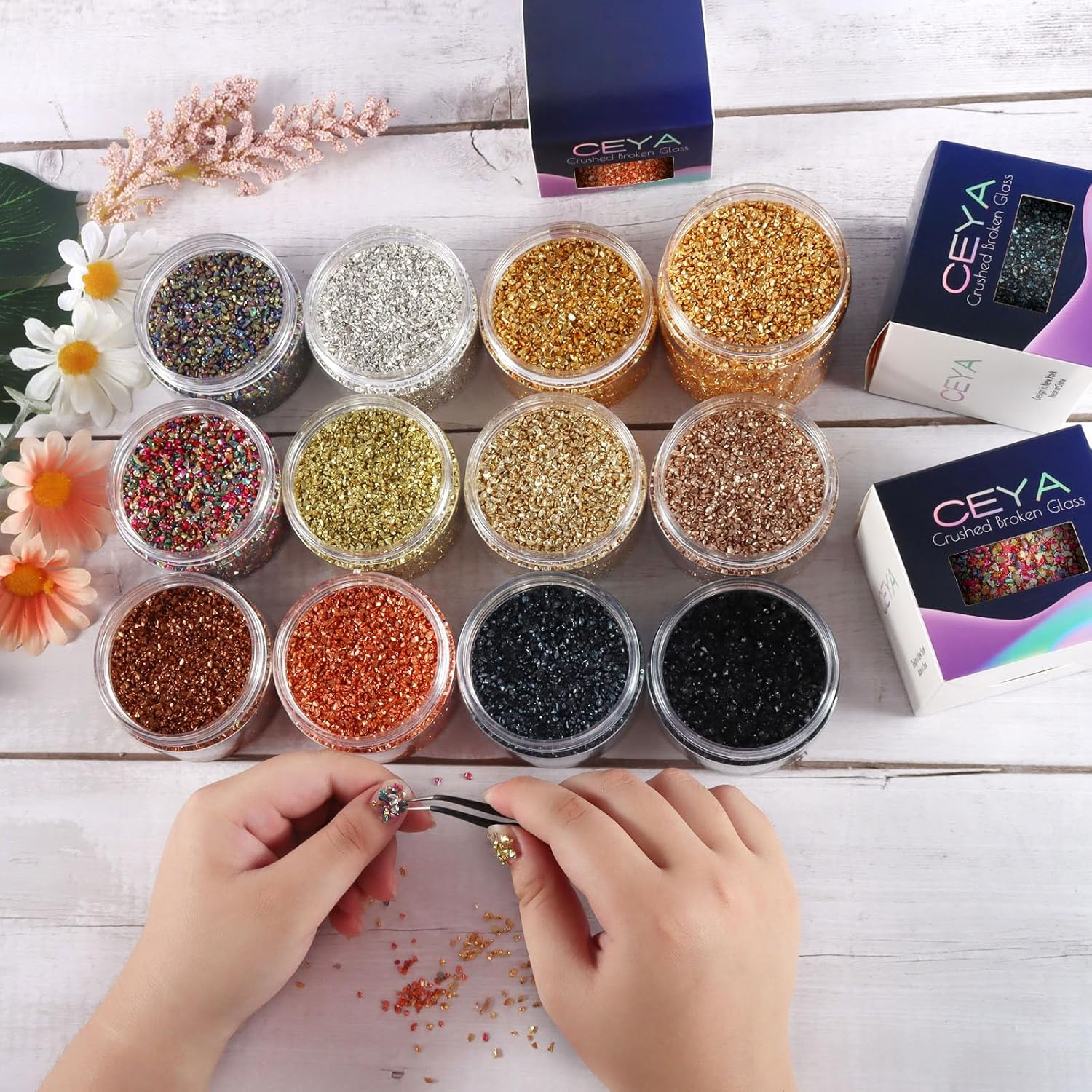 Ceya 5.3Oz/ 150G Crushed Irregular Glass Pale Lilac Metallic Crystal Chip Broken Glass Chips Glitter 2-4Mm Craft Chunky Glitter for Nails Art Epoxy Resin Mold Coasters Ornament Painting Geode