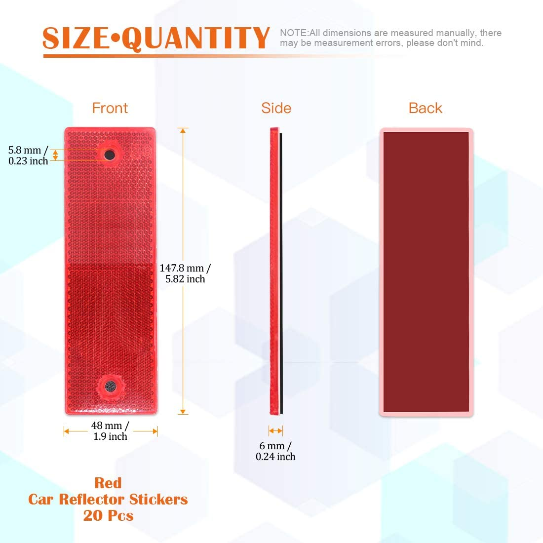 Rustark 20 Pcs Red Plastic Rectangular Stick-On Car Reflector Sticker Waterproof Reflector Tape Self-Adhesive Conspicuity Safety Warning Tapes for Truck Trailer Pickup - White image number 4