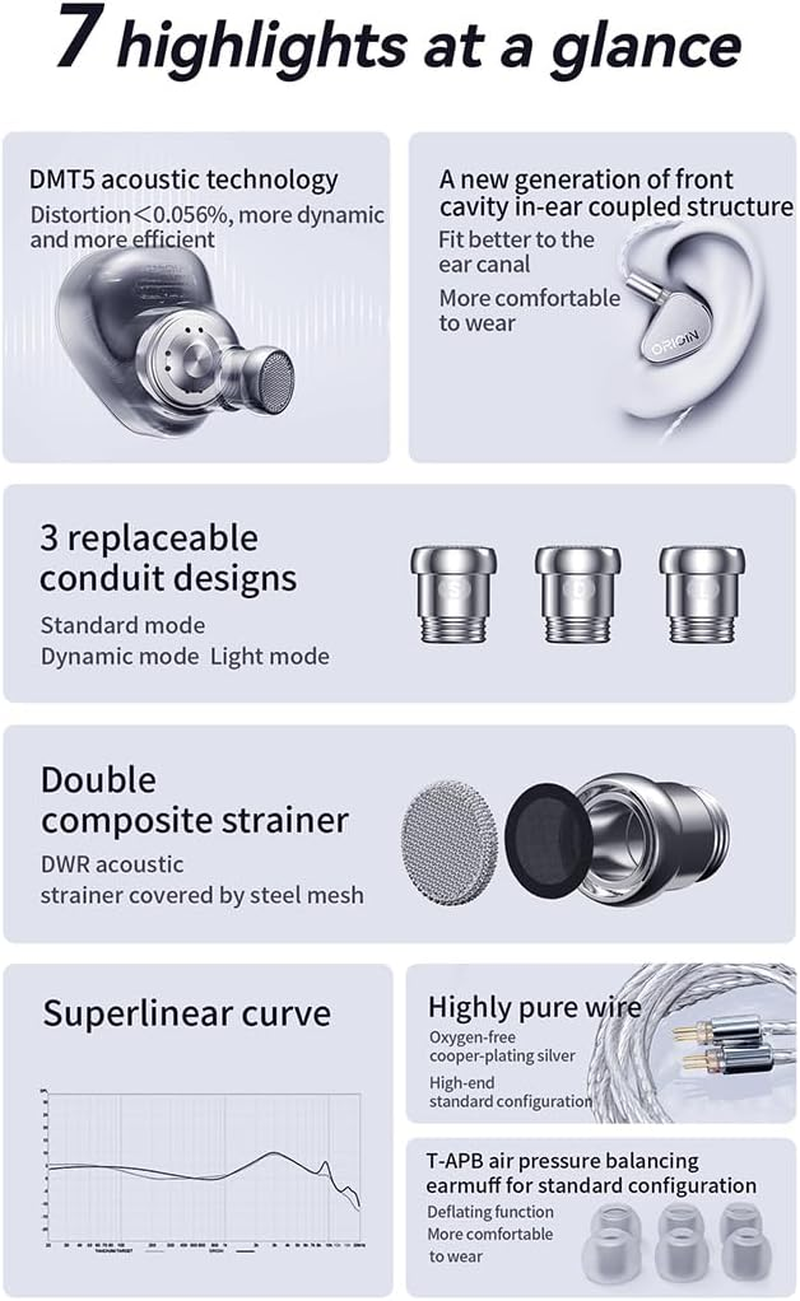 TANCHJIM Origin in Ear Monitor Headphones, 10Mm DTM5 Dynamic Driver Wired Earbuds, Hifi IEM with 3 Replaceable Conduit, 3.5Mm 2 Pin Detachable Cable image number 3