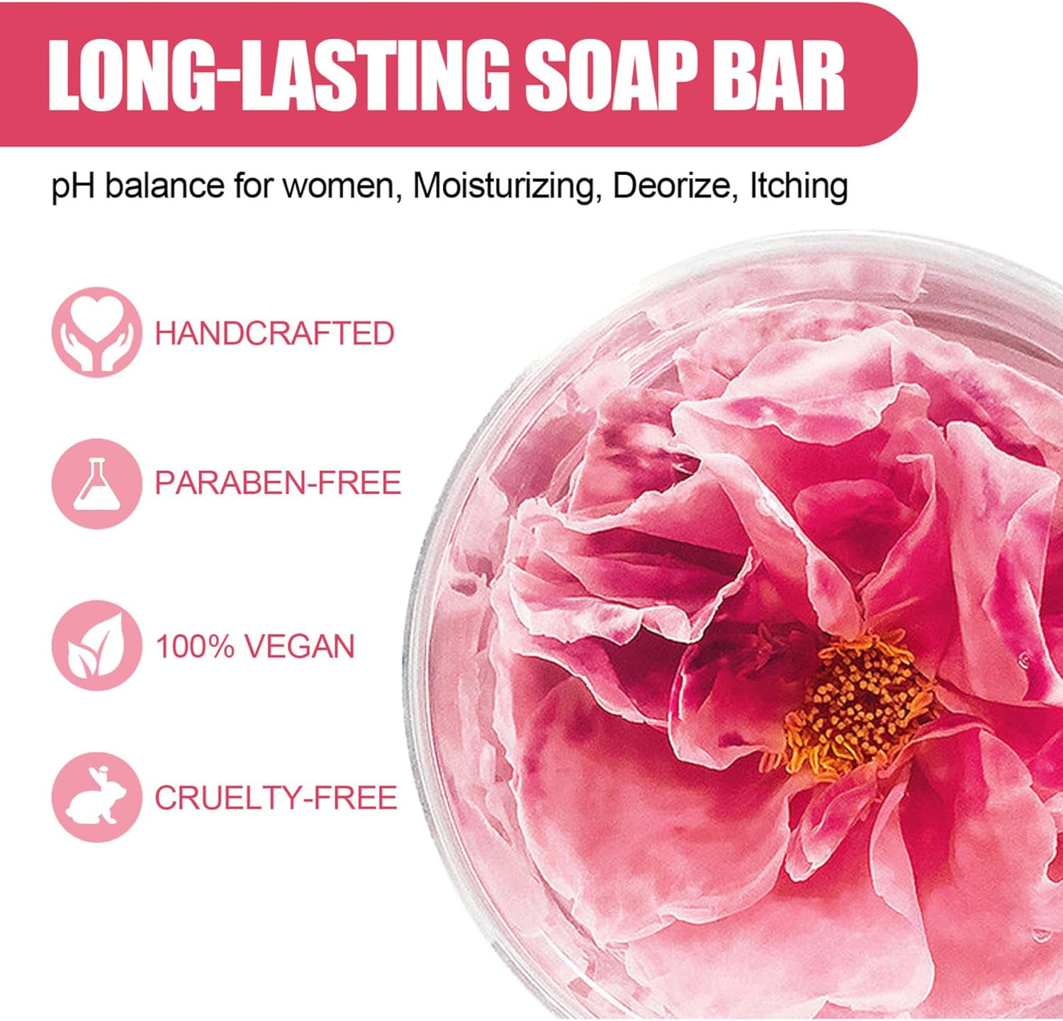 Yoni Soap 2Pcs Yoni Bar Soap for Women Balance Feminine Wash Rose Scent Natural Moisturizing Yoni Soap Bar Eliminates Odor 100G image number 4