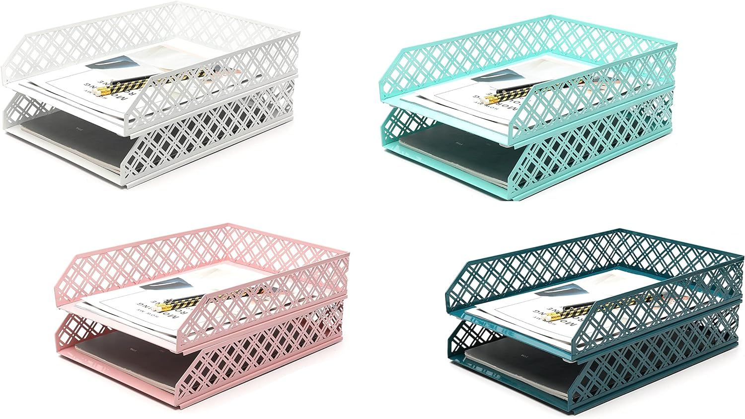 Exerz Letter Trays 2Pcs Stackable Paper Sorter/Desk Organiser/File Tray for Desk - Wire Mesh Metal File Rack - Office, School, Home Study (White) - Light Pink image number 6