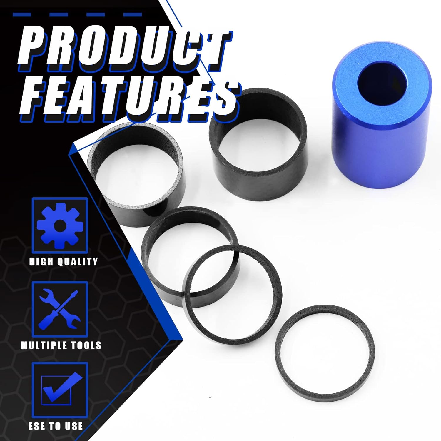 Glarks 15Pcs Bike Fork Star Nut Headset Spacer Installation Tool Kit, Bike Fork Installer Setting Tool and Rubber Hammers with Star Nuts and 3/5/10/15/20Mm Bicycle Carbon Fiber Headset Spacer Kit image number 6