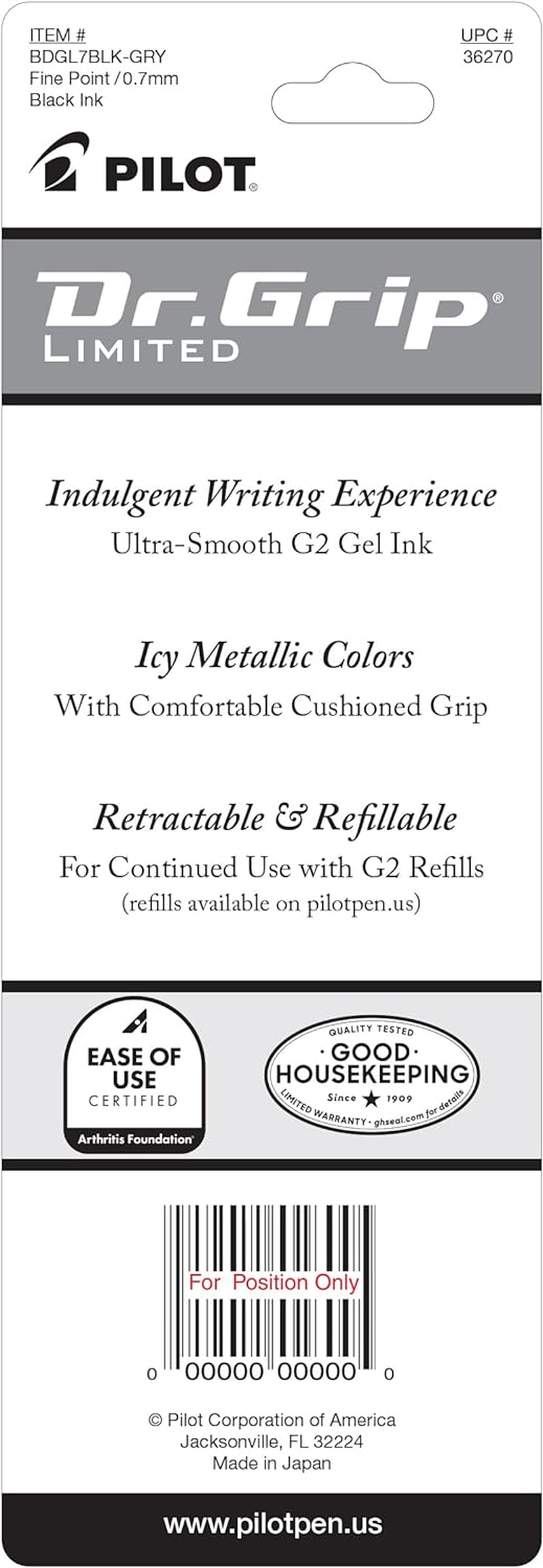 PILOT Dr. Grip Limited Refillable & Retractable Gel Ink Rolling Ball Pen, Fine Point, Metallic Charcoal Gray Barrel, Black Ink, Single Pen (36270) - Blue Barrel image number 3