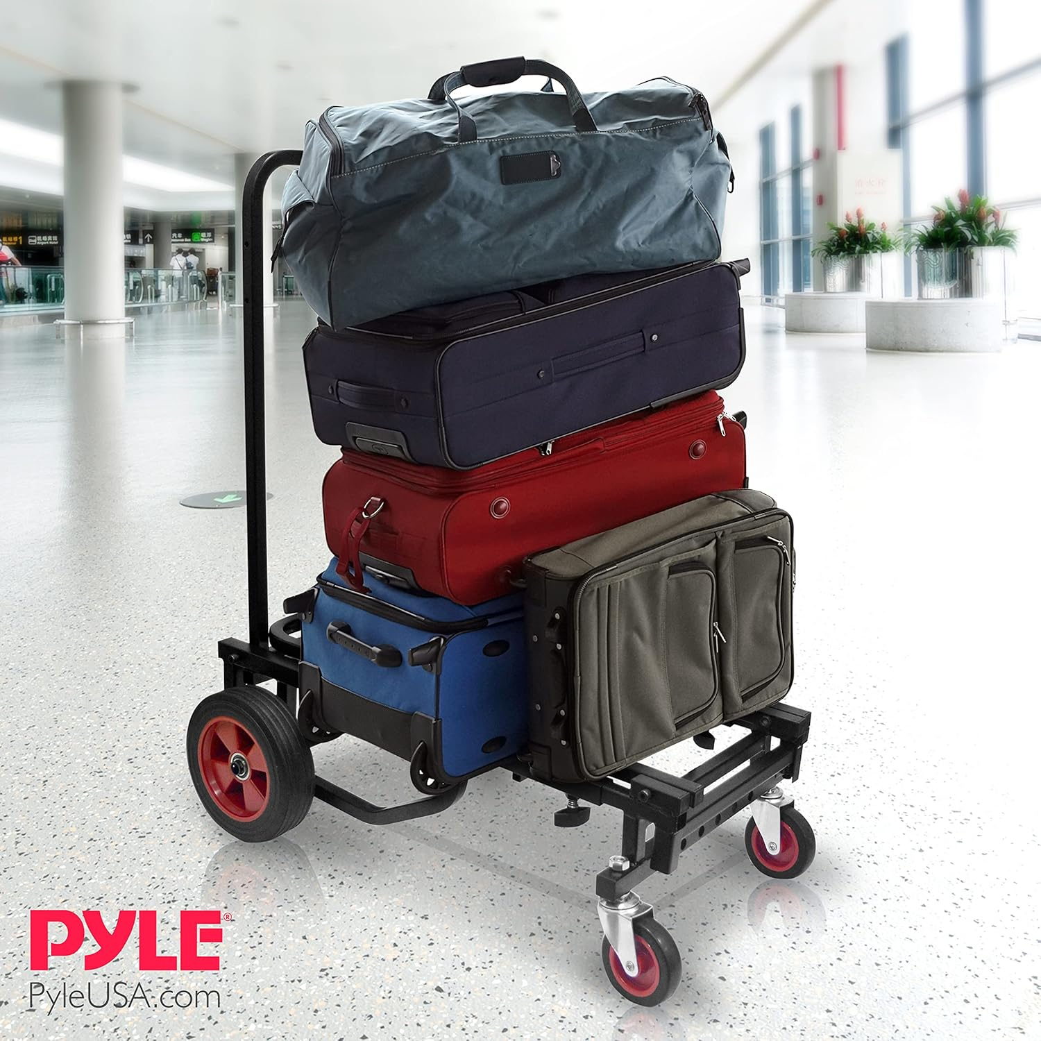 Pyle Compact Folding Adjustable Equipment Cart - Heavy Duty 8-In-1 Convertible Multi-Cart Hand Truck/Dolly/Platform Cart with R-Trac Wheels - Expandable up to 25.24" to 40.24" - PKEQ38 image number 5