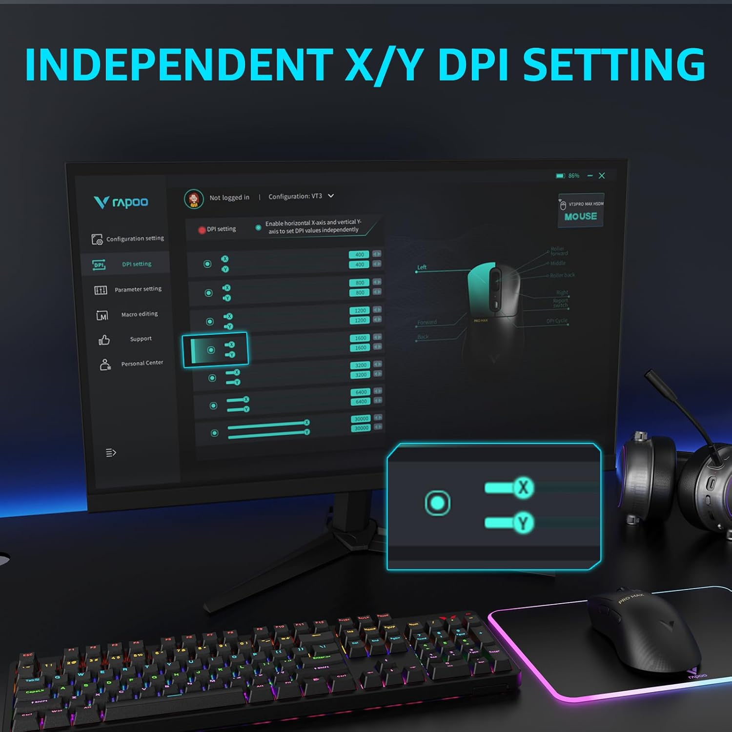 RAPOO Wireless Gaming Mouse VT3PRO MAX - 30000 Independent X/Y DPI, 8Khz Polling, PAW 3950 Ultimate Optical Gaming Mouse for PC Laptop, 1+8 Programmable Buttons, 59G Lightweight, 200-Hour Battery Life image number 6