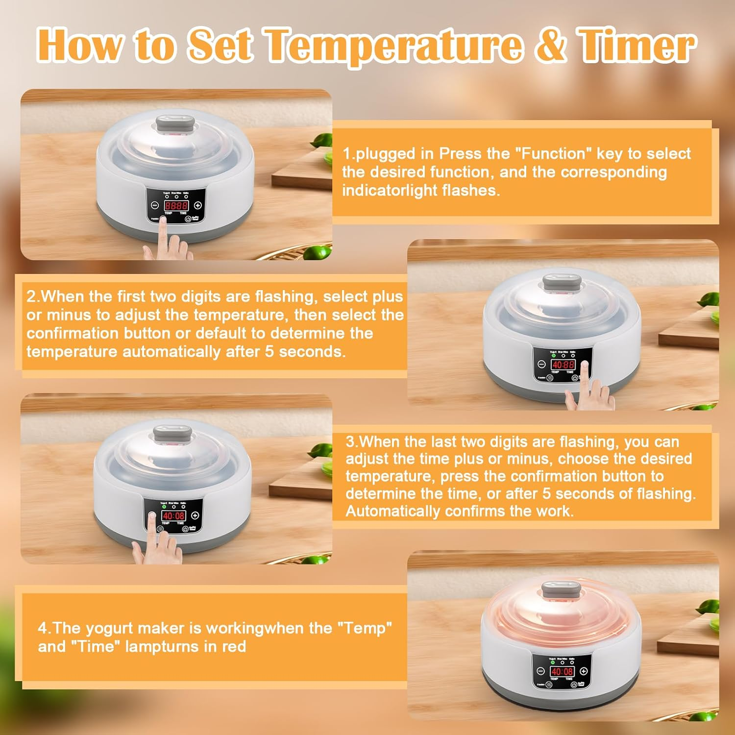 Peiqi Yoghurt Maker, Fully Automatic Yogurt Machine with Temp/Time Control, Fermented Curd Maker with Natto/Rice Wine Function (5 Glass Jars) image number 5