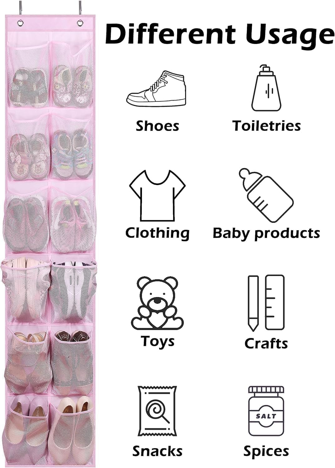 MISSLO Kids over the Door Shoe Organizer Baby Hanging Shoe Rack Narrow Closet Storage Bags with 12 Mesh Pockets for Girl Women Men Toddler Nursery, 2 Packs, Pink image number 1