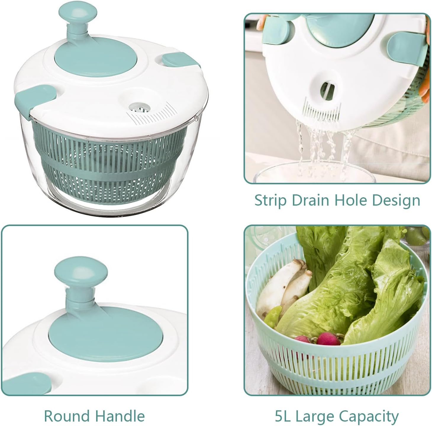 Lizbin Salad Spinner, Large Salad Spinner 5L Capacity, Quick and Easy Multi-Use Manual Lettuce Spinner, Vegetable Dryer, Fruit Washer, Wash, Spin & Dry Salad Greens, Fruits & Vegetables (Blue) image number 3