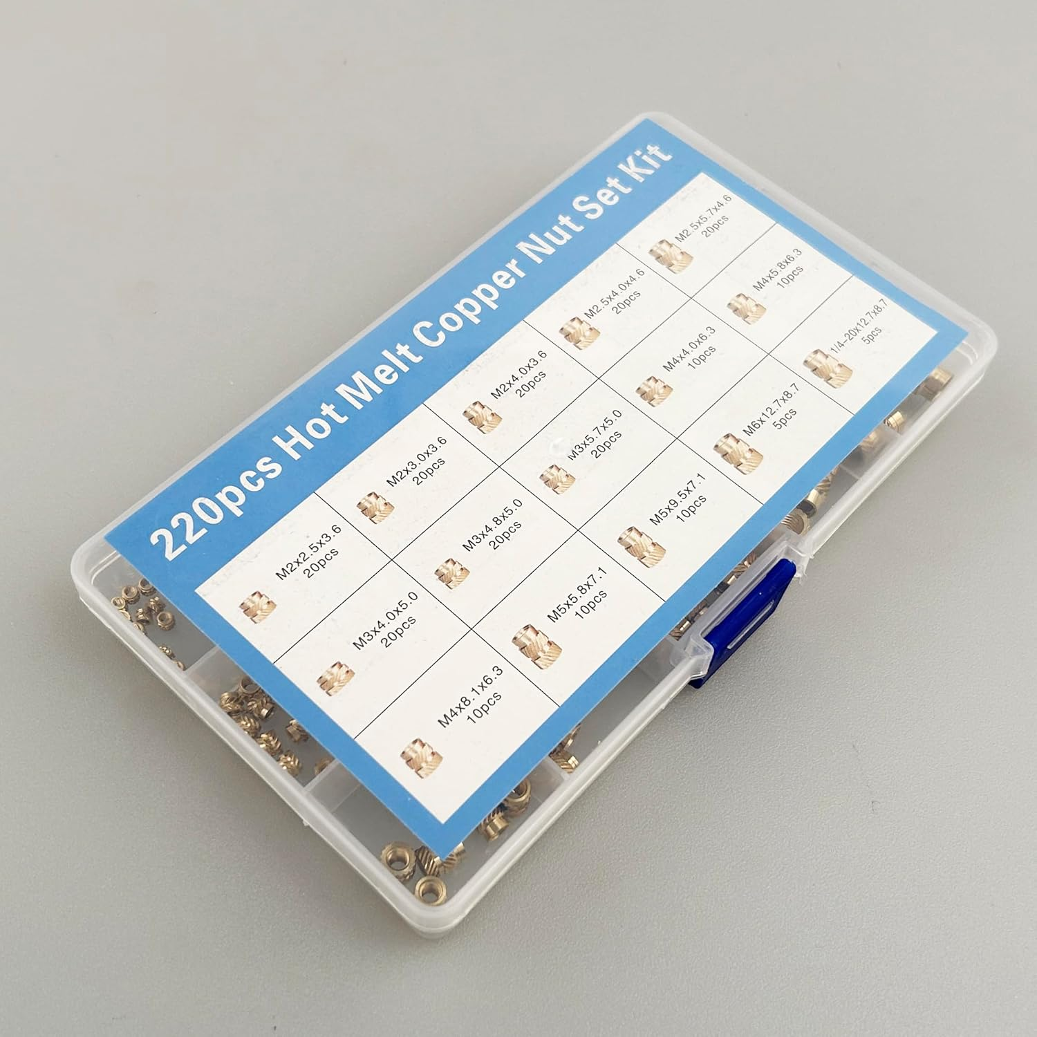 220Pcs Threaded Brass Inserts,M2,M2.5,M3,M4,M5,M6 and 1/4"-20 Heat Set Inserts and Brass Metric Knurled Nuts Assortment Kit for Plastic and 3D Printing Components image number 2