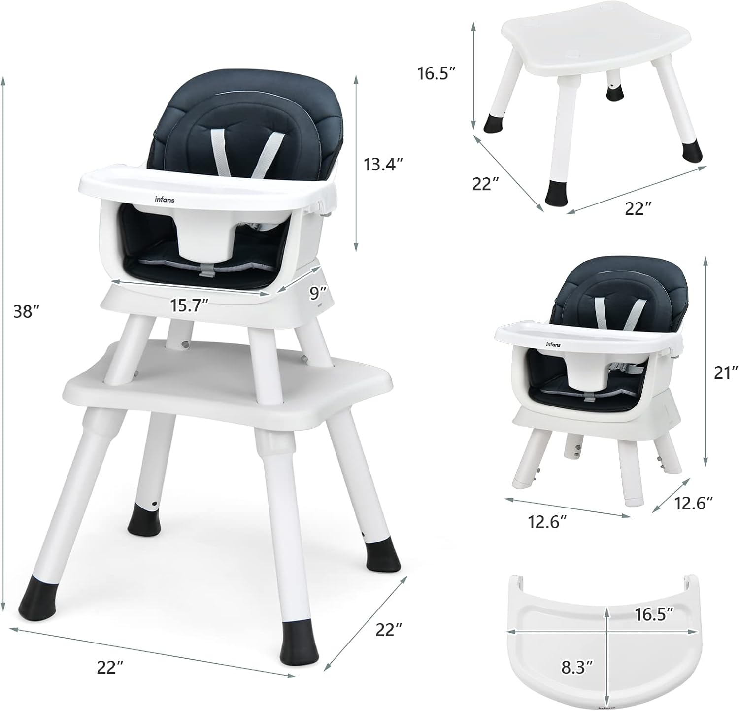 INFANS 8 in 1 Baby High Chair, Convertible Highchair for Babies and Toddlers, Infant Dining Booster Seat, Building Block Table, Kids Stool Table Chair Set with Removable Tray (Black) - Grey image number 6