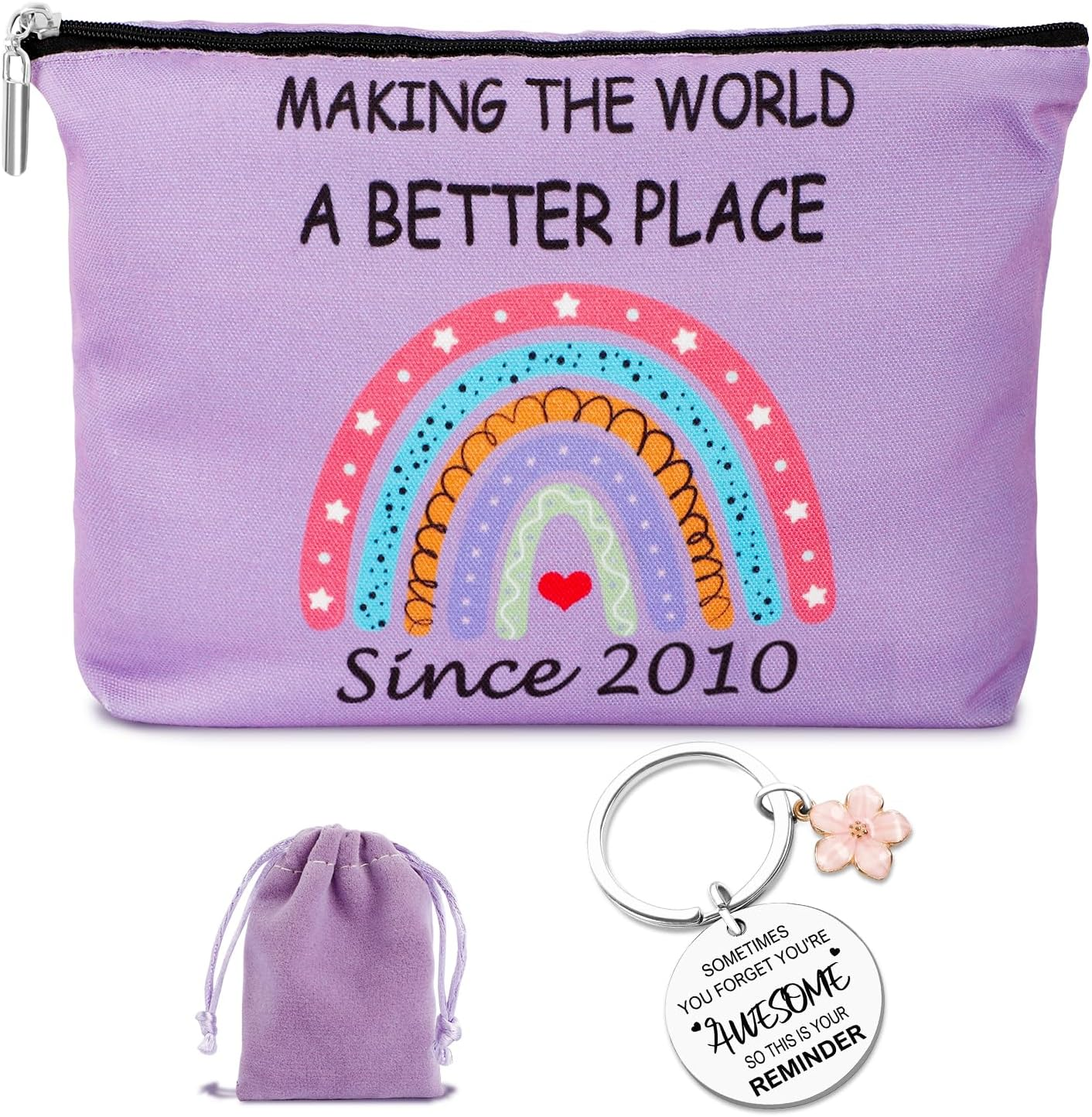 Yeohjoy 15Th Birthday Gifts for Girls: Purple Rainbow Makeup Bag & Inspirational Keychain, Perfect for Daughter, Niece, Granddaughter, Travel & Daily Use image number 2