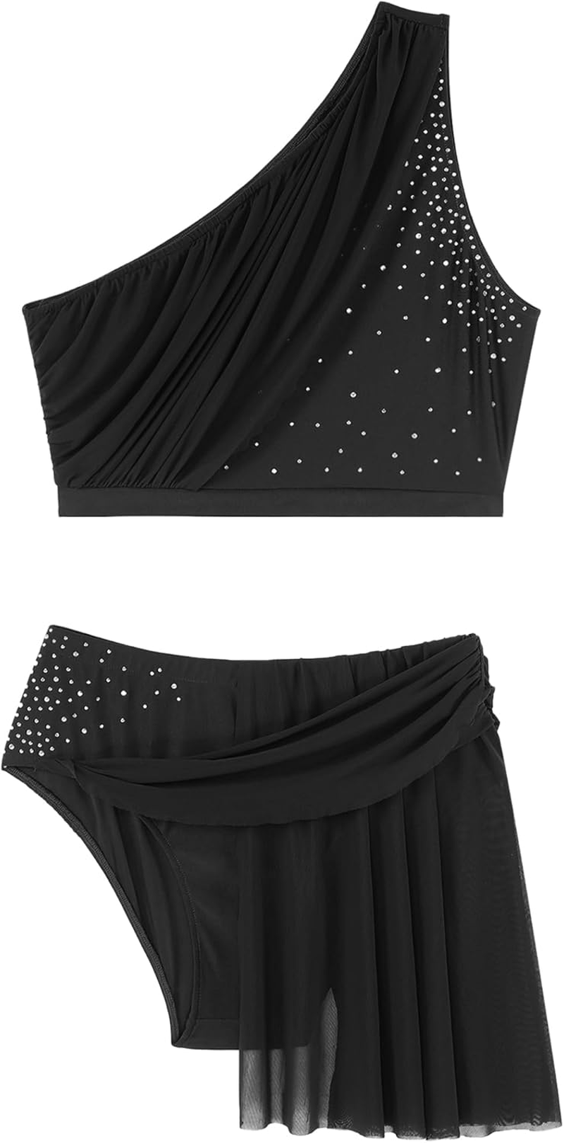 Womens Lyrical Dance Outfit One Shoulder Shiny Rhinestones Crop Top with Mesh Skirted Briefs image number 6