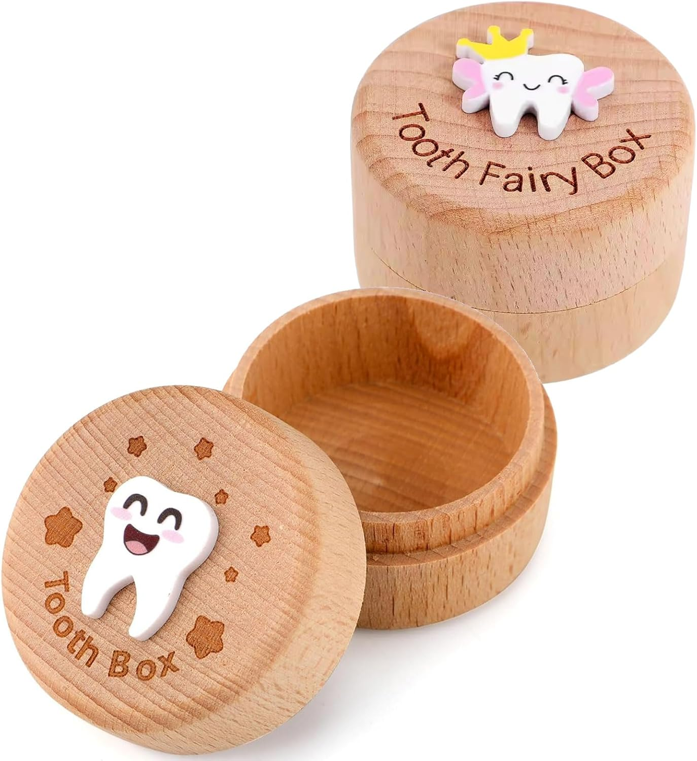 MYTOAU 2PCS Tooth Fairy Box, 3D Carved Wooden Holder Cute Tooth Keepsake Box Storage Baby Saver Container Box for Boys Girls Birthday Baby Shower Gifts image number 6