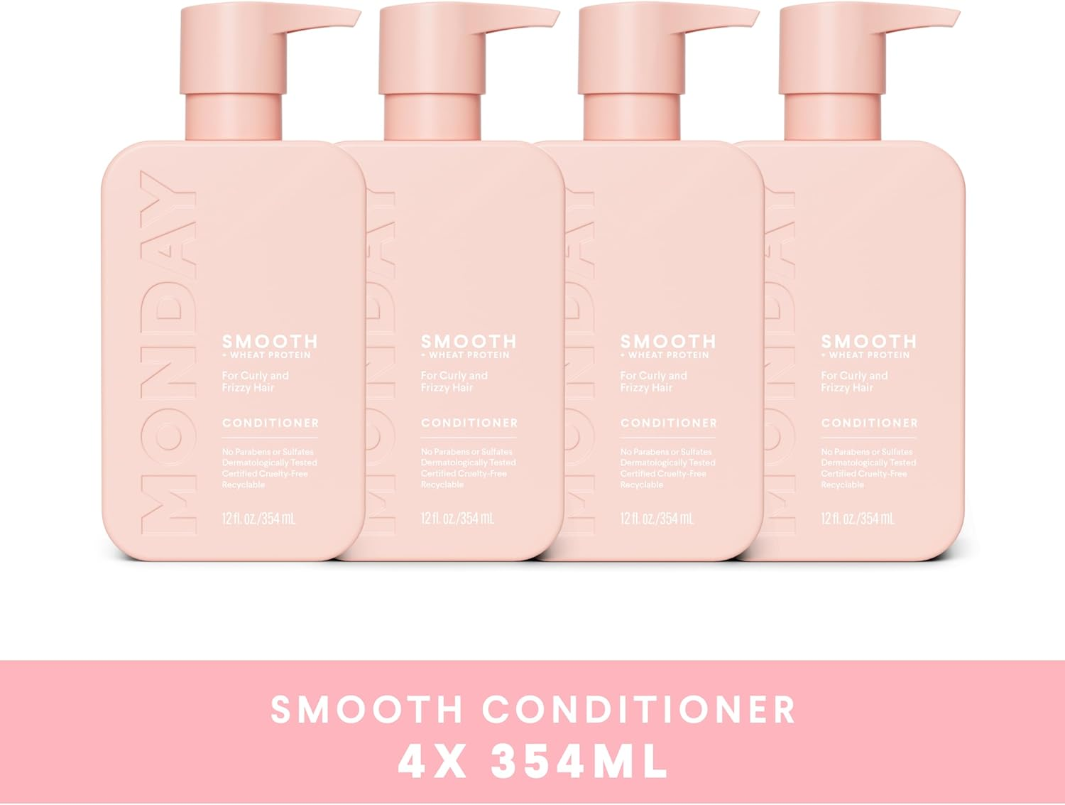 MONDAY HAIRCARE 4 X 354 Ml Smooth Conditioner, for Frizzy, Coarse, and Curly Hair, Made from Coconut Oil, Shea Butter, & Vitamin E, 100% Recyclable Bottles, Pink image number 2
