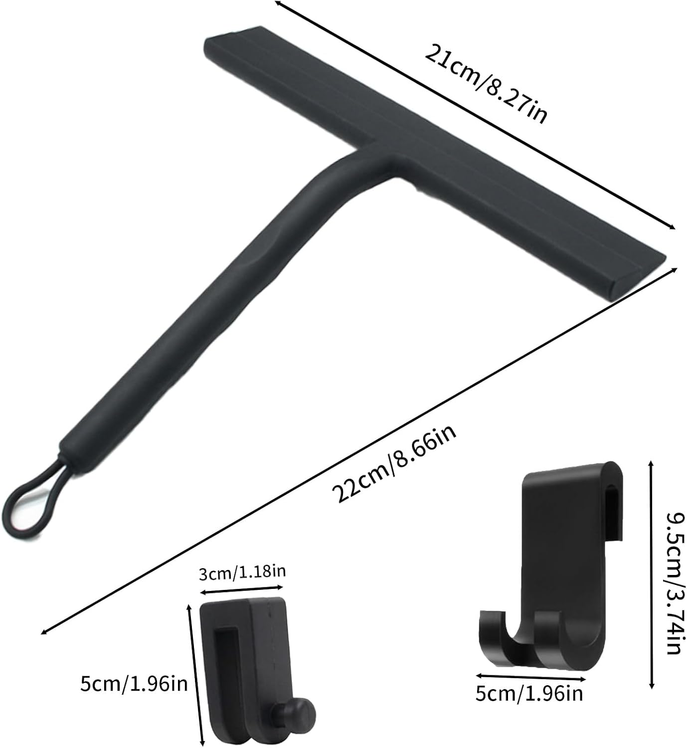 Shower Squeegee with Stainless Steel Core, Silicone Shower Screen Cleaner with 2 Hooks, Black Window Squeegee Scraper with Handle for Home & Car Mirror Glass Doors Screen Windows Cleaning image number 6