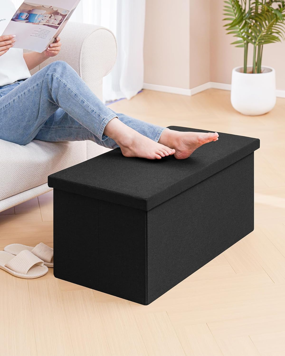 PINPLUS Folding Storage Bench, 30 Inches Ottoman Coffee Table Cube Chair Foot Rest Stool Storage Toy Chest for Living Room Bedroom, Holds up to 550 Lb (Black) - Gray image number 6