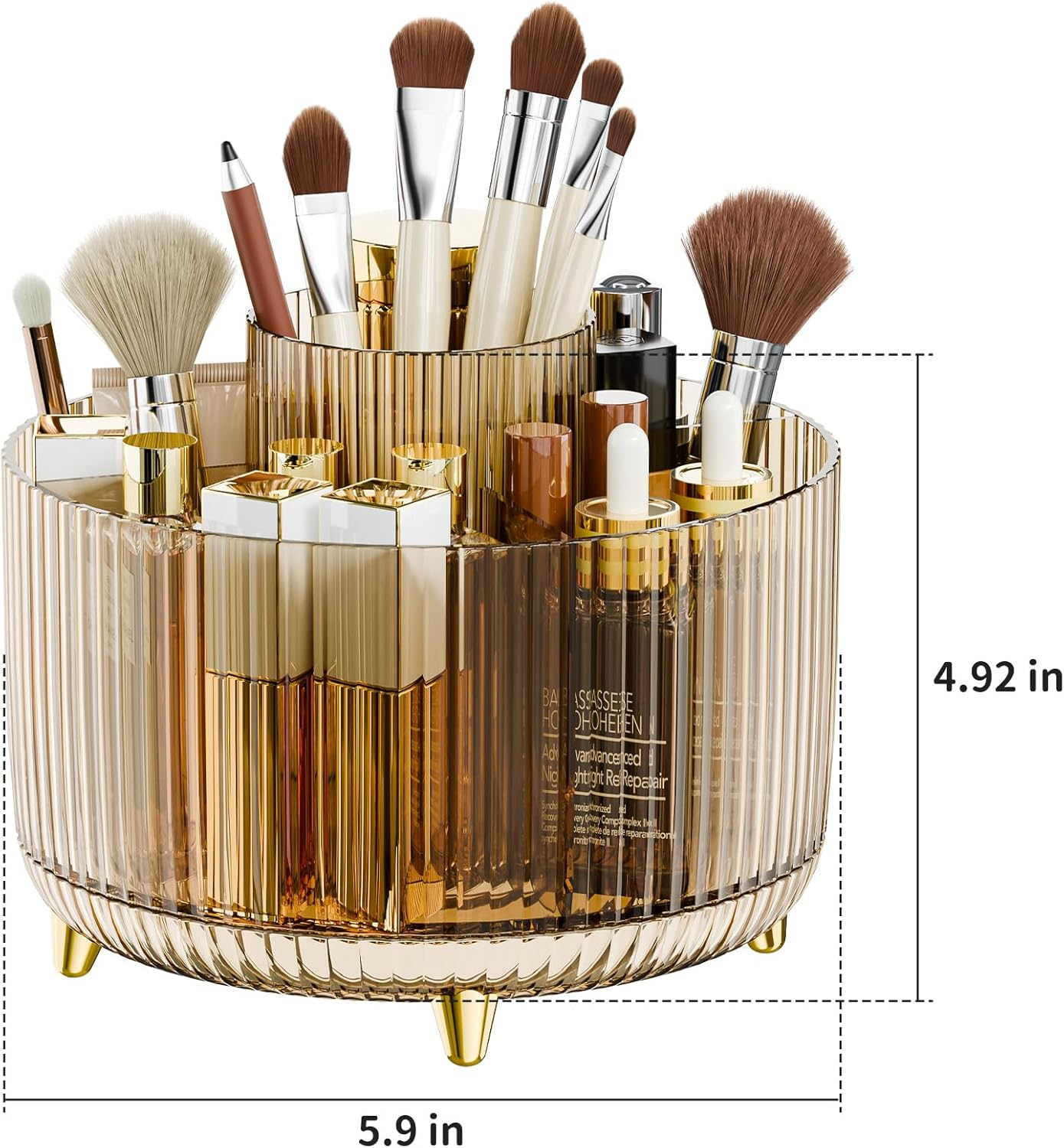 Fanado 360&deg; Rotating Makeup Organizers Countertop, 5 Slot Makeup Brush Holder Organizer for Cosmetics, Skincare Storage Beauty Holder for Eyeliner Lipstick on Bathroom Vanity(Clear Amber)
