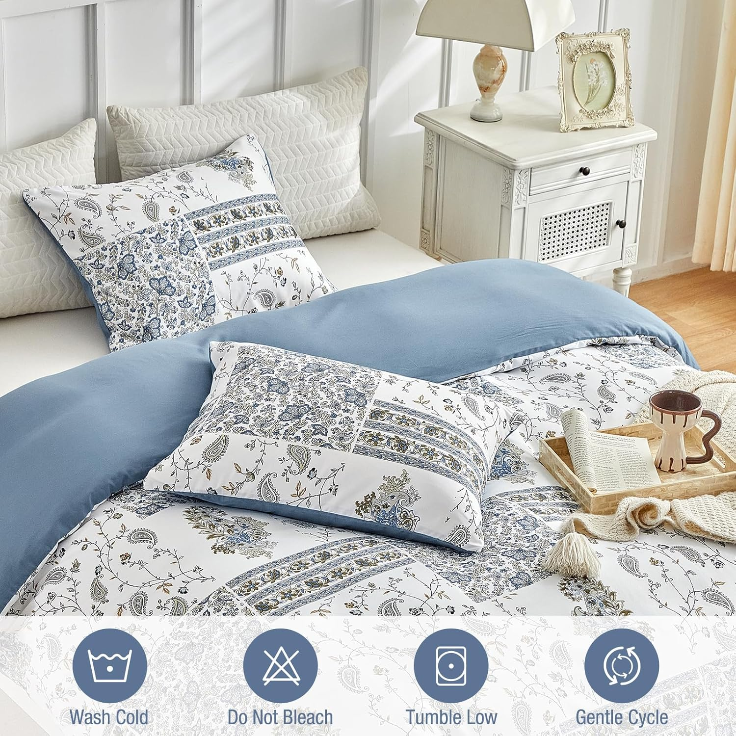 Tokokimo Duvet Cover 220 X 240 Cm with 2 Pillowcases 65 X 65 Cm - Bohemian Patchwork Floral Pattern - 100% Microfibre Bedding Set 220 X 240 Cm for Adults with Zips Blue image number 4