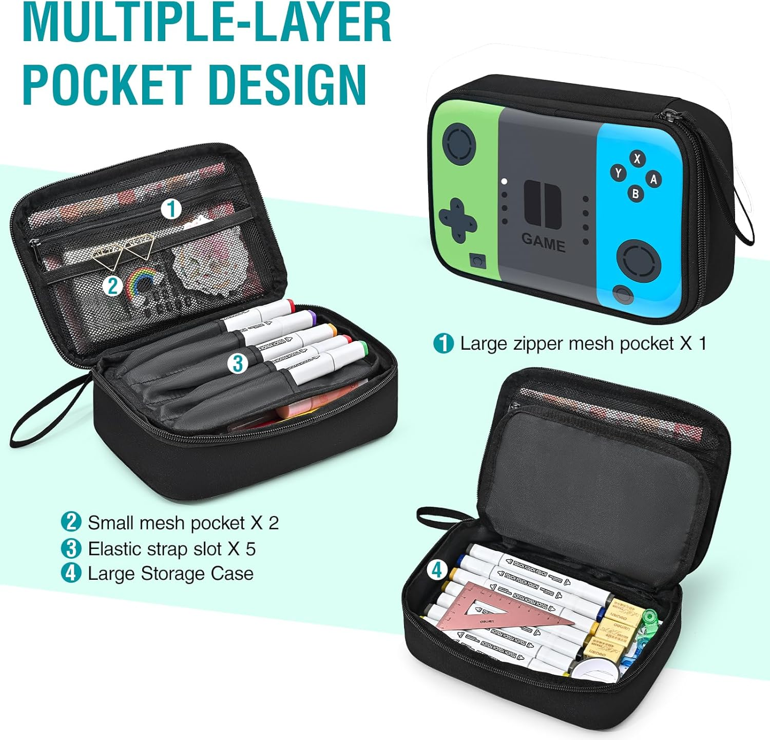 Gamer Pencil Case for Boys, Large Cute Pencil Pouch for Kids Teens with Handle, Sturdy School Supplies Marker Pen Organizer, Big Pen Box Pouch Pencil Bag for Art Office Student School Supply image number 4