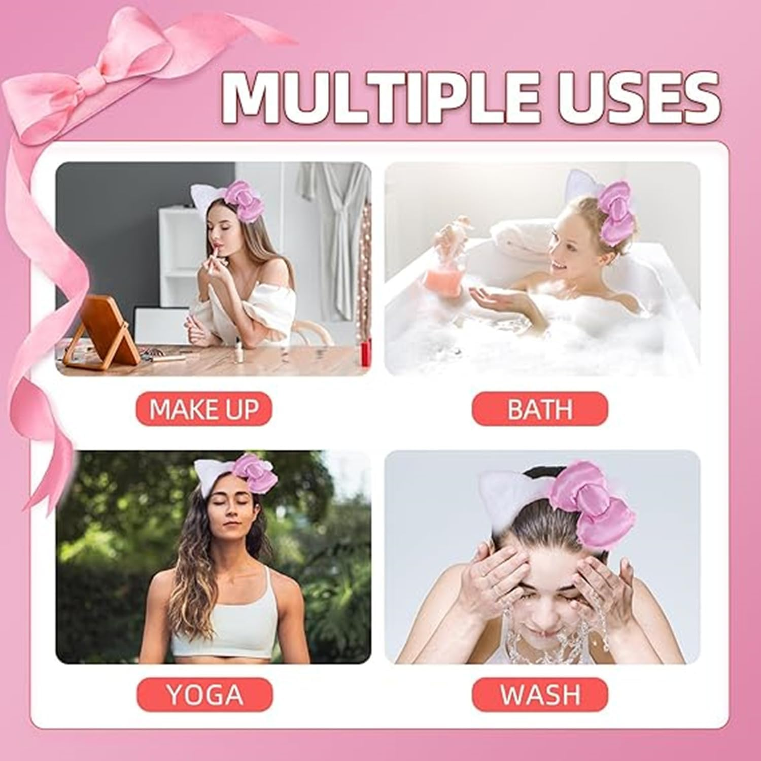 Cat Ears Headband Pink Bow White Hair Accessories, Kitty Bow Costume Hair Accessories Kawaii Stuff Gift image number 6