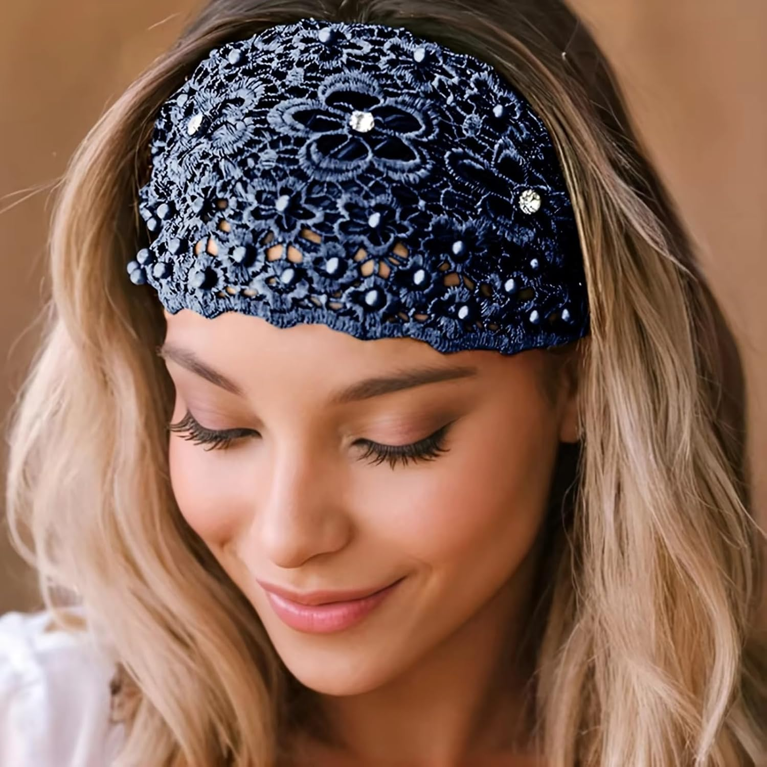 Lace Headbands for Women, Lace Pearl Hollow Elastic Headbands Bohemian Hair Bands Summer Hair Accessories for Women Girls Yoga, Working Out, Gym, Running(3 Colors)