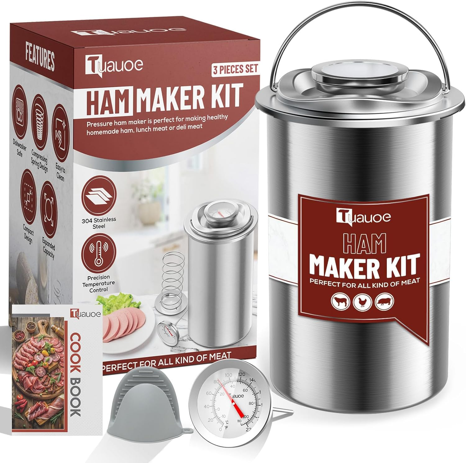 Tuauoe Meat Press Mold for Deli Meats, Stainless Steel Ham Press Mold with Thermometer & Silicone Kitchen Mittens for Making Homemade Healthy Deli Poultry Patty, Funny Kitchen Women and Men image number 5