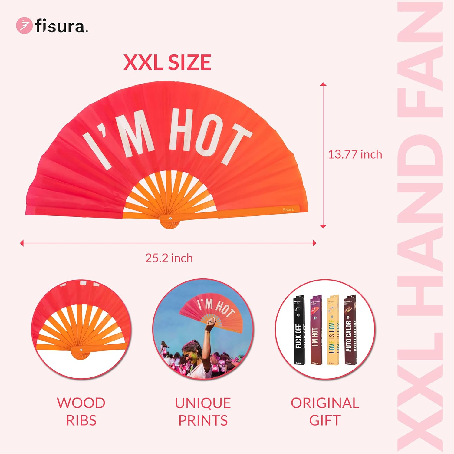 Fisura Large Folding Fan Original Fan with Large Lettering XXL Compartments Foldable Bamboo Fan 64 X 33 Cm (Hot, Pink) image number 3