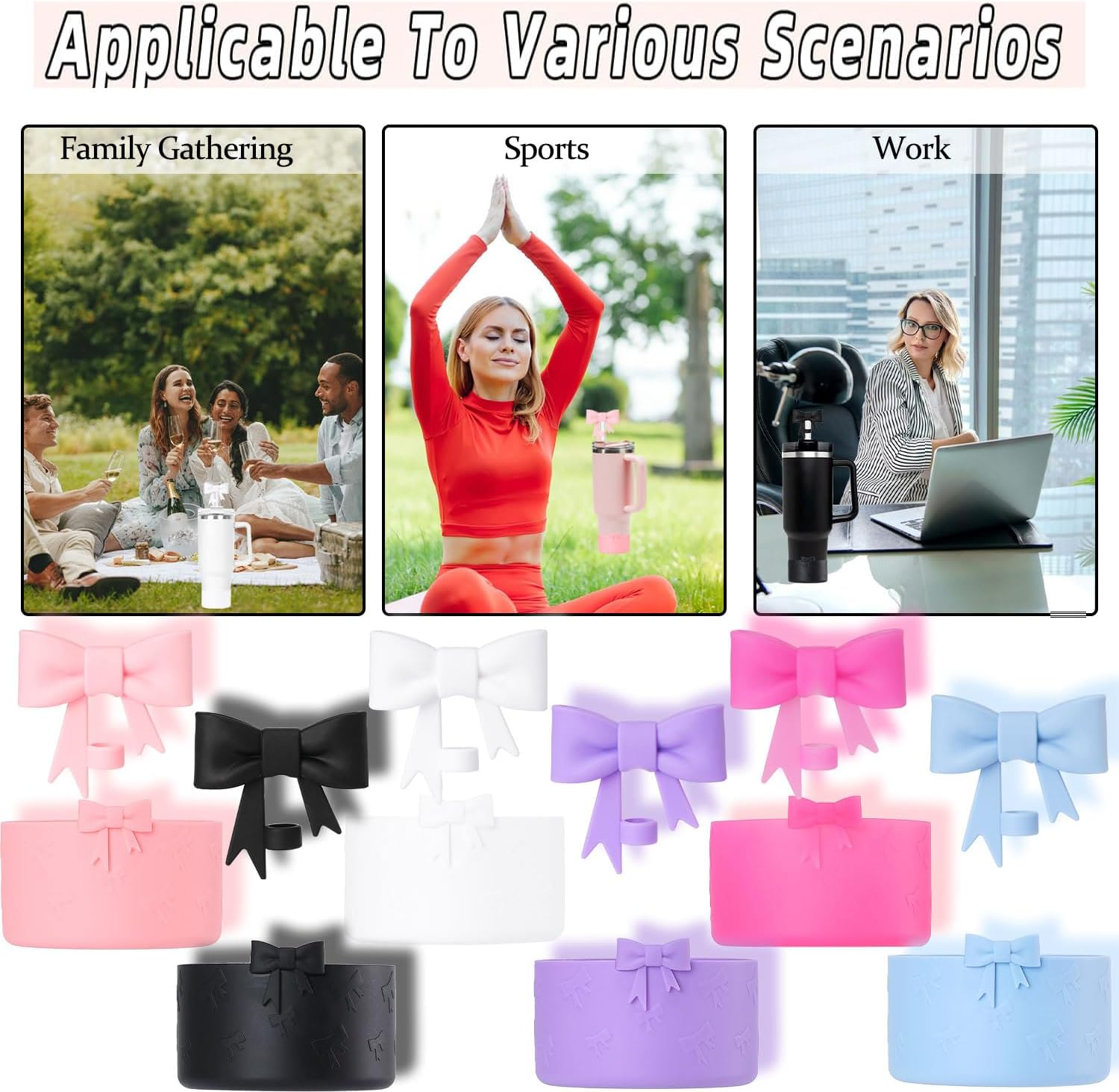 Lnulyaciy Bow Silicone Protective Boot for Stanley Cup 20/30/40Oz, Bow Straw Cover Topper with 10Mm/0.4In, Compatible 12-24Oz Hydroflask Tumbler and More Bottles 2.83-3In Bottom (Black Set) image number 3