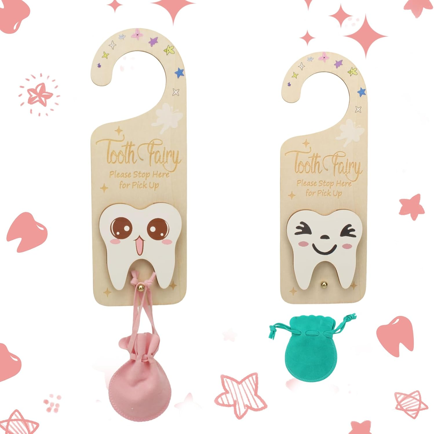 2 PCS Tooth Fairy Tooth Holder, Room Decor Tooth Fairy Door Hanger with Money Slot, Keepsake Bag & Elegant Patterns for Lost Teeth, Encourage Gift for Boys & Girls Milk Teeth image number 1