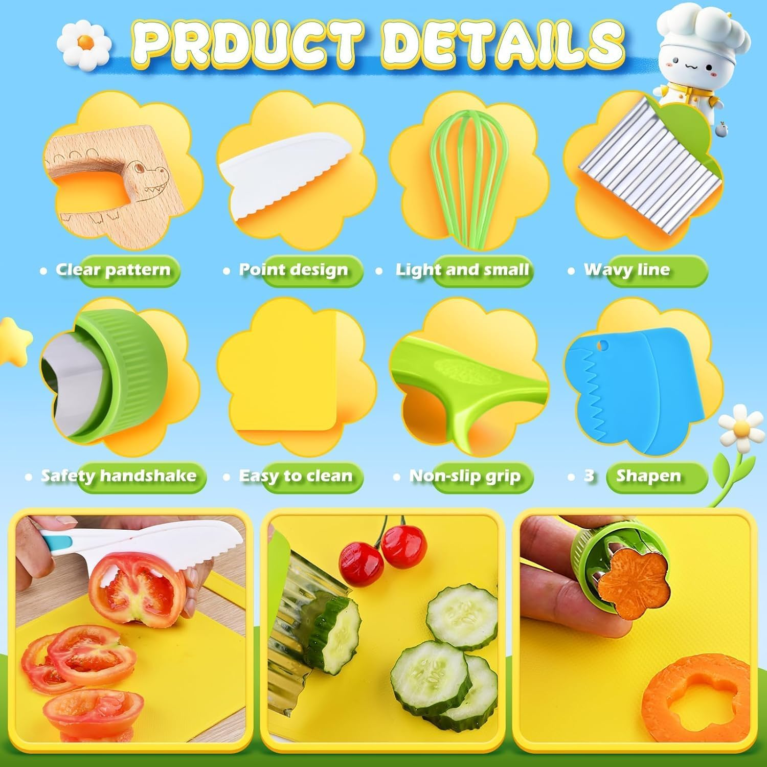 17Pcs Wooden Kids Kitchen Knife, Kids Knife Set with Cutting Board Bear Sandwich Cutter Fruit Vegetable Cutters Serrated Edges Plastic Knifes for Real Cooking Kid Safe Knives image number 1