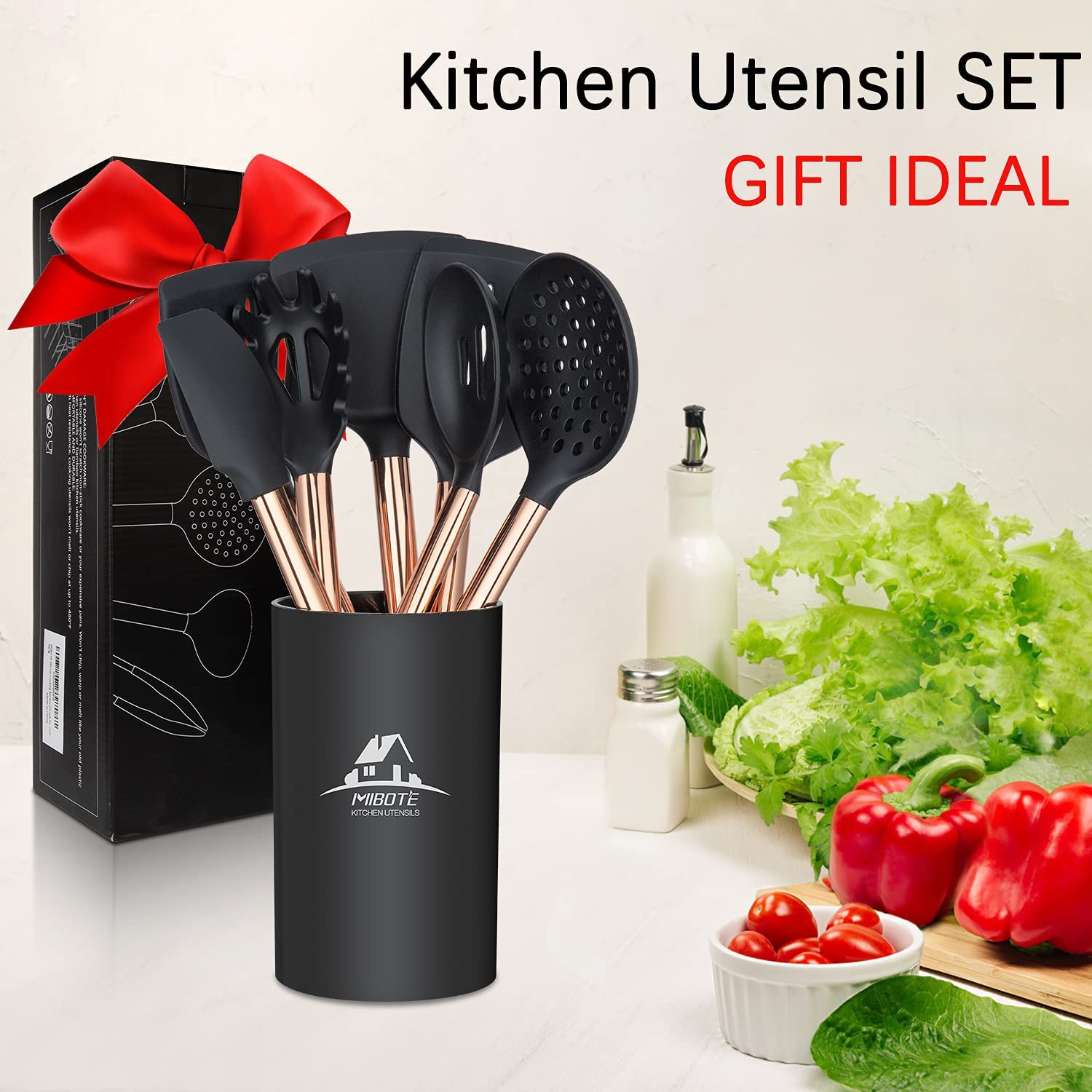 MIBOTE 19Pcs Silicone Cooking Kitchen Utensils Set with Stainless Steel Handle and Holder, Bonus High Value Stainless Steel Measuring Spoons image number 6