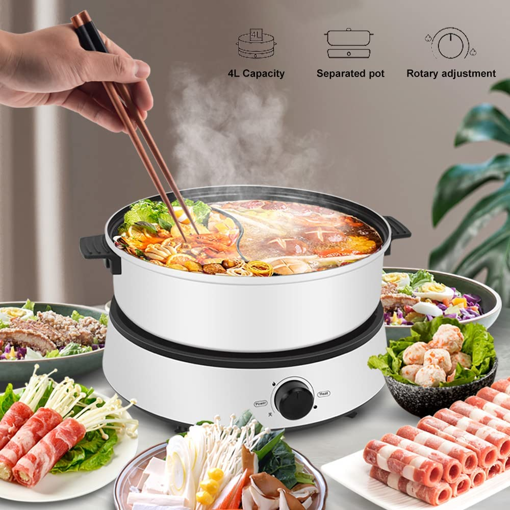 Electric Dual-Sided Shabu Shabu Hot Pot with Divider, 4L Double Flavor Non-Stick Hot Pot with Multi-Power Control, Electric Cooker with Glass Lid for Party, Family Gathering image number 5