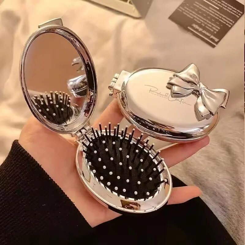 Folding Hair Brush with Pocket Mirror, 3Pcs Travel Size Folding Hair Comb with Pocket Mirror, round Mini Compact Massage Comb Folding Hair Brush with Mirror image number 3