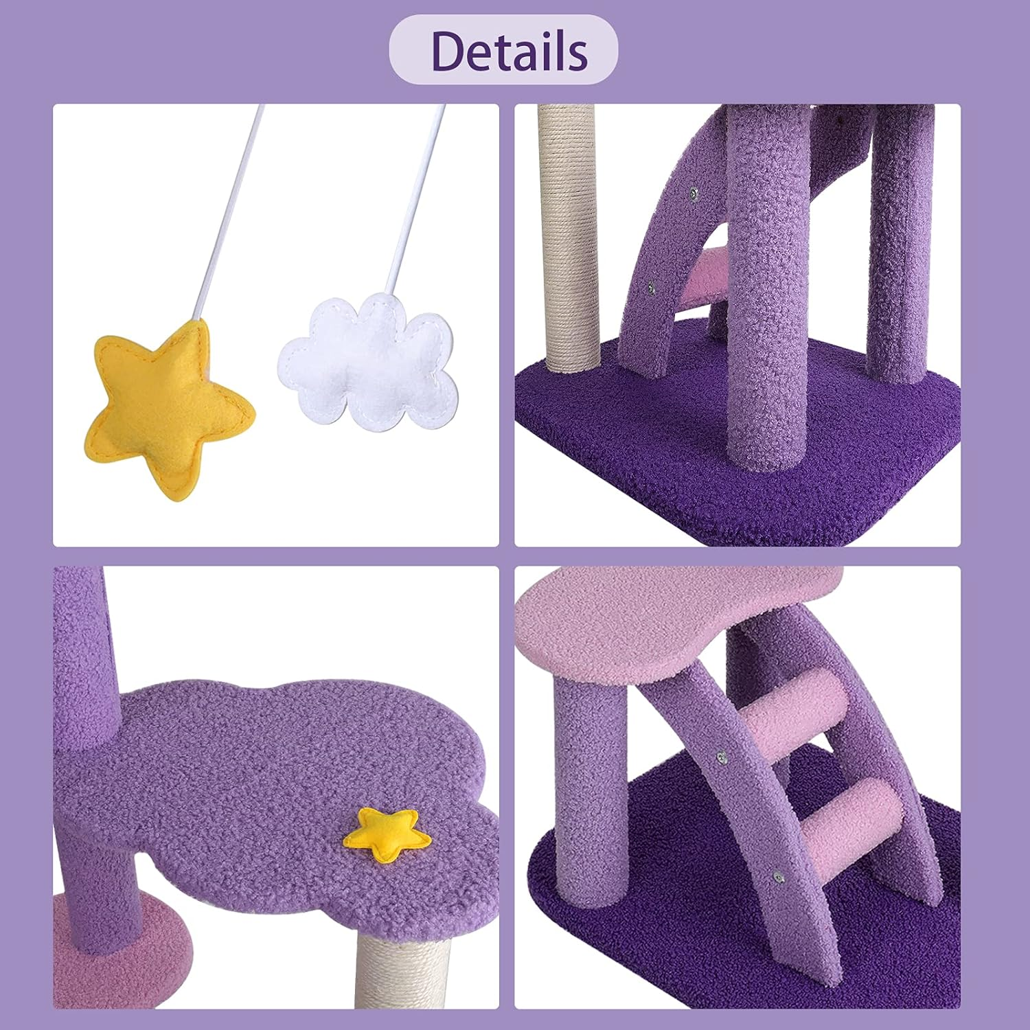 Lucky Monet 43 Inches Cat Tree Tower for Indoor Cats, 3-Layer Purple Cute Purple Pink Cat Tree Unique Cat Condo with Scratching Post image number 6