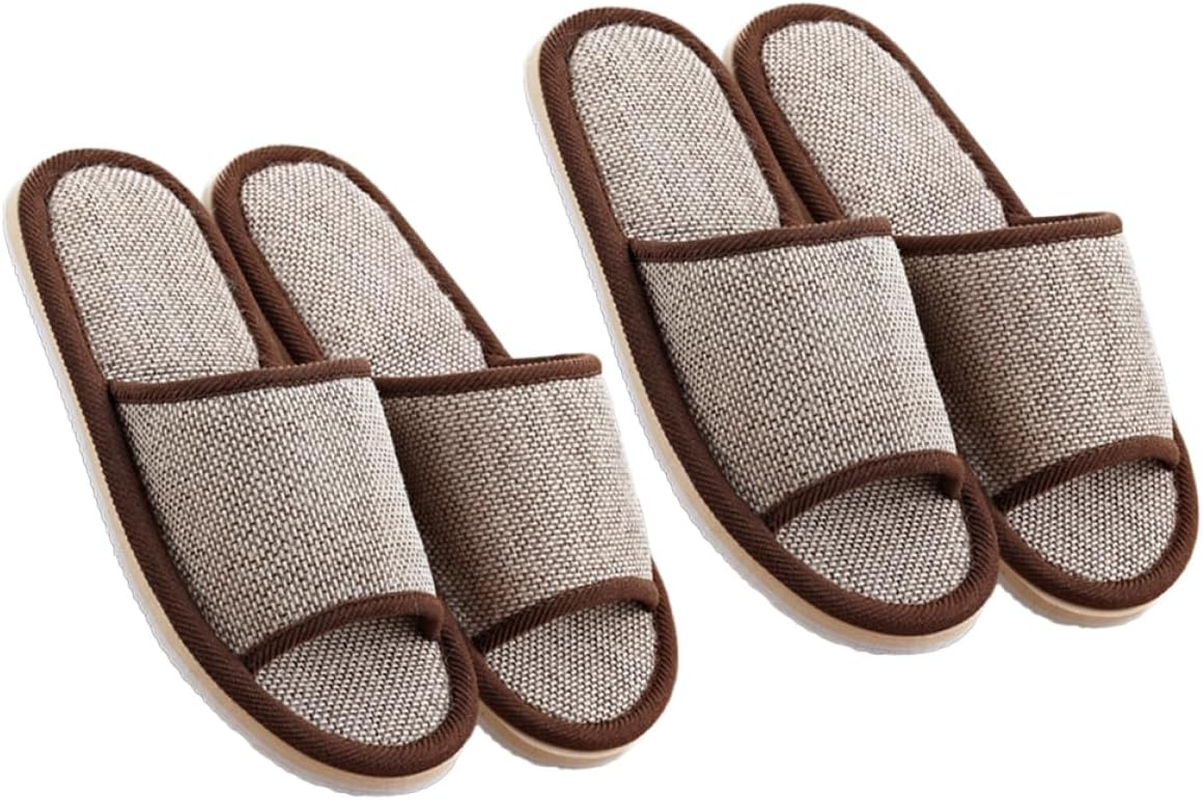 CLISPEED 2Pairs Linen Slippers for Home Hotel Non- Eva Bottom Lightweight Comfortable Footwear Dark Coffee