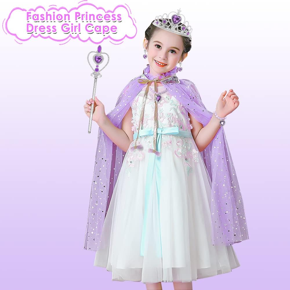 AUTOWT Girl Princess Costume - Shiny Cloak with Necklace, Jewelry, Headwear, Crown, Wand, Earrings, Bracelets, Rings - for Halloween, Christmas, Birthday - Pink image number 7