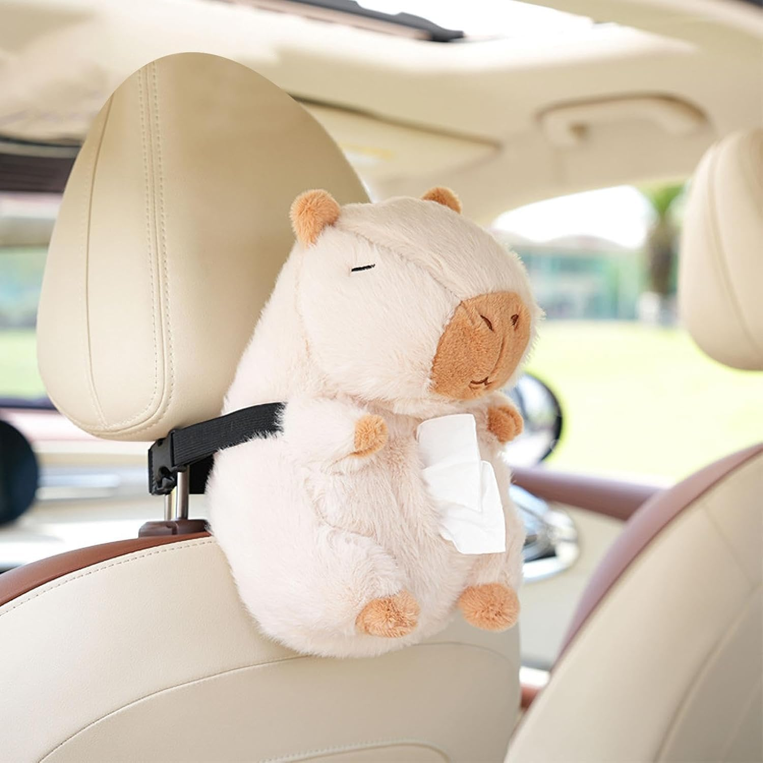 Yharnamite Plush Car Tissue Holder, Capybara Plush Car Tissue Paper Holder, Portable Cartoon Plush Paper Tissue Box Holder for Car, SUV, Truck (Beige) image number 6