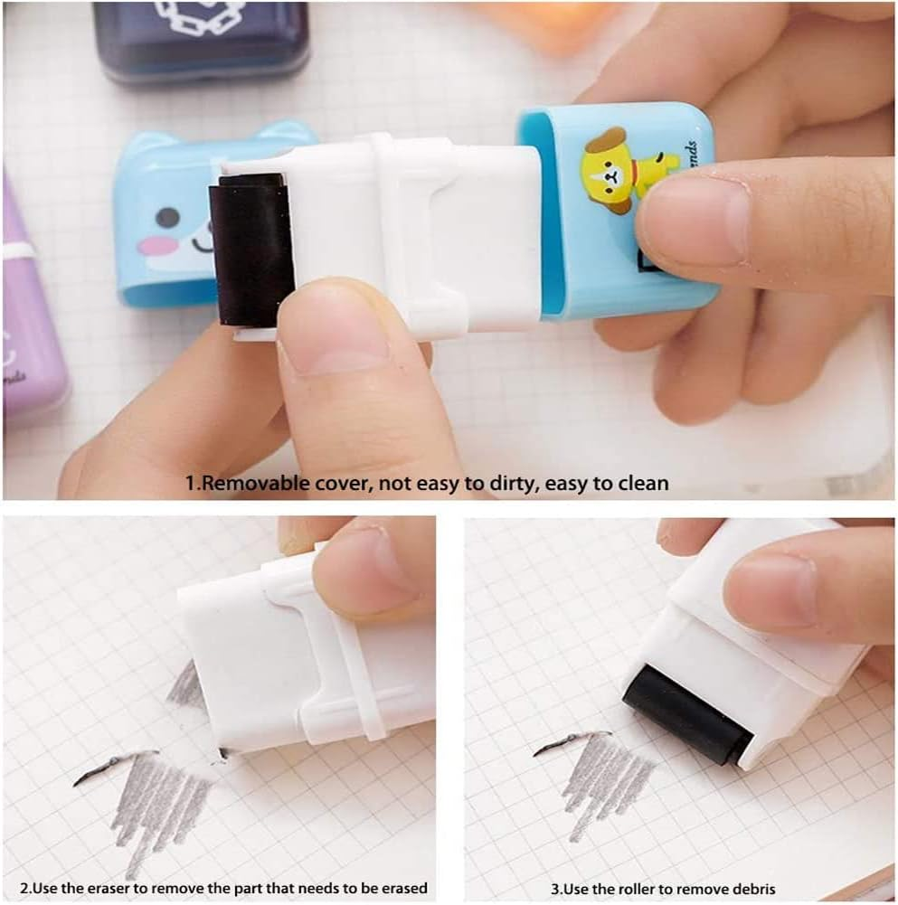 Cute Pencil Erasers for Kids, 24 Count & 6 Colors, White, Purple, Blue, Green, Pink, Orange, Fun Party Favor & School Supplies, Kawaii Drawing Eraser for Boys and Girls (SZE24B)