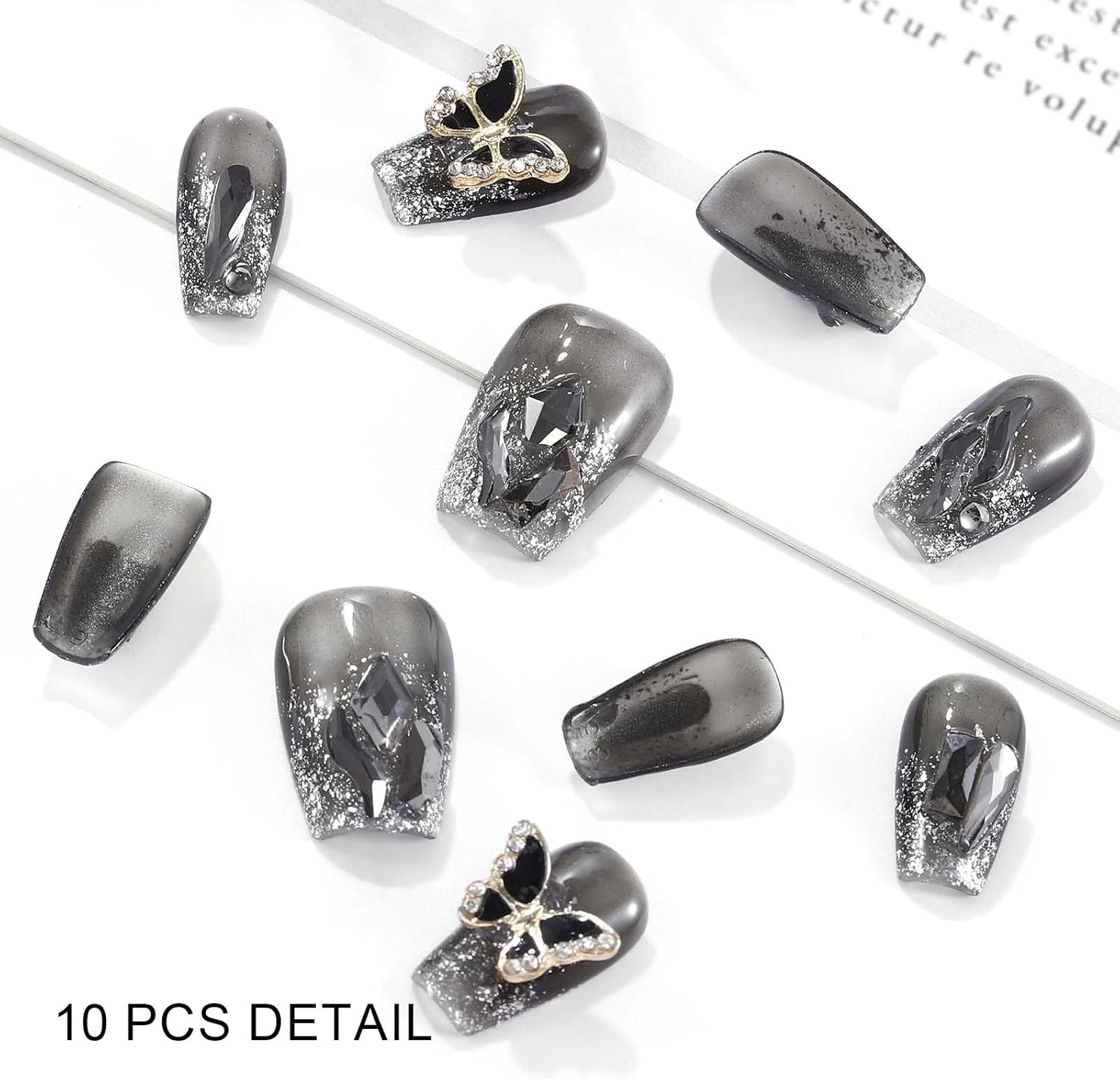 Sethexy Black Rhinestone Handmade Fake Nail Medium Coffin False Nails Crystal Acrylic Glossy Press on Nail Salon Nails Metallic for Women and Girls 10PCS (F) image number 2