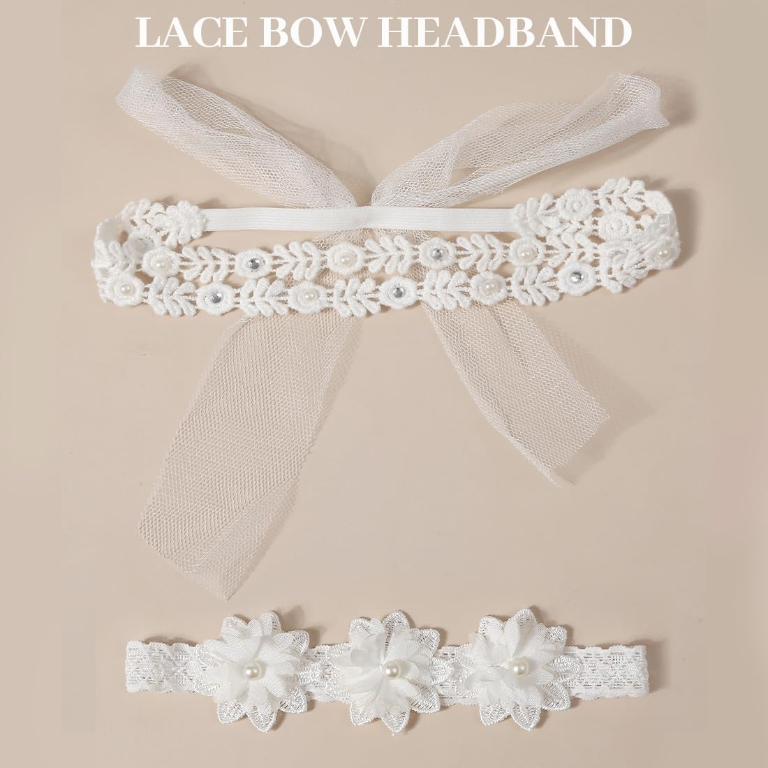 2Pcs Baby Girl Headbands White Stretchy Headband Double Lace Bowknot Hair Band Soft Baby Hairband Nylon Newborn Hair Accessories Baby Gifts for Newborns image number 1