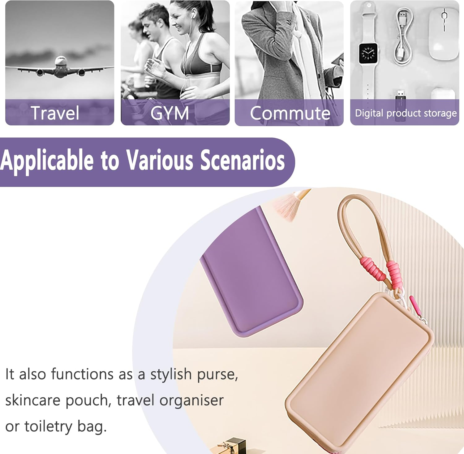 Macaron Style Silicone Travel Makeup/Cosmetic/Toiletry Bag-Waterproof Portable Organizer Pouch with Zipper/Braided Lanyard Keychain/Women Girls' Gym Wash Bag/Purse/Stores Makeup Brush & Nail Polish image number 5