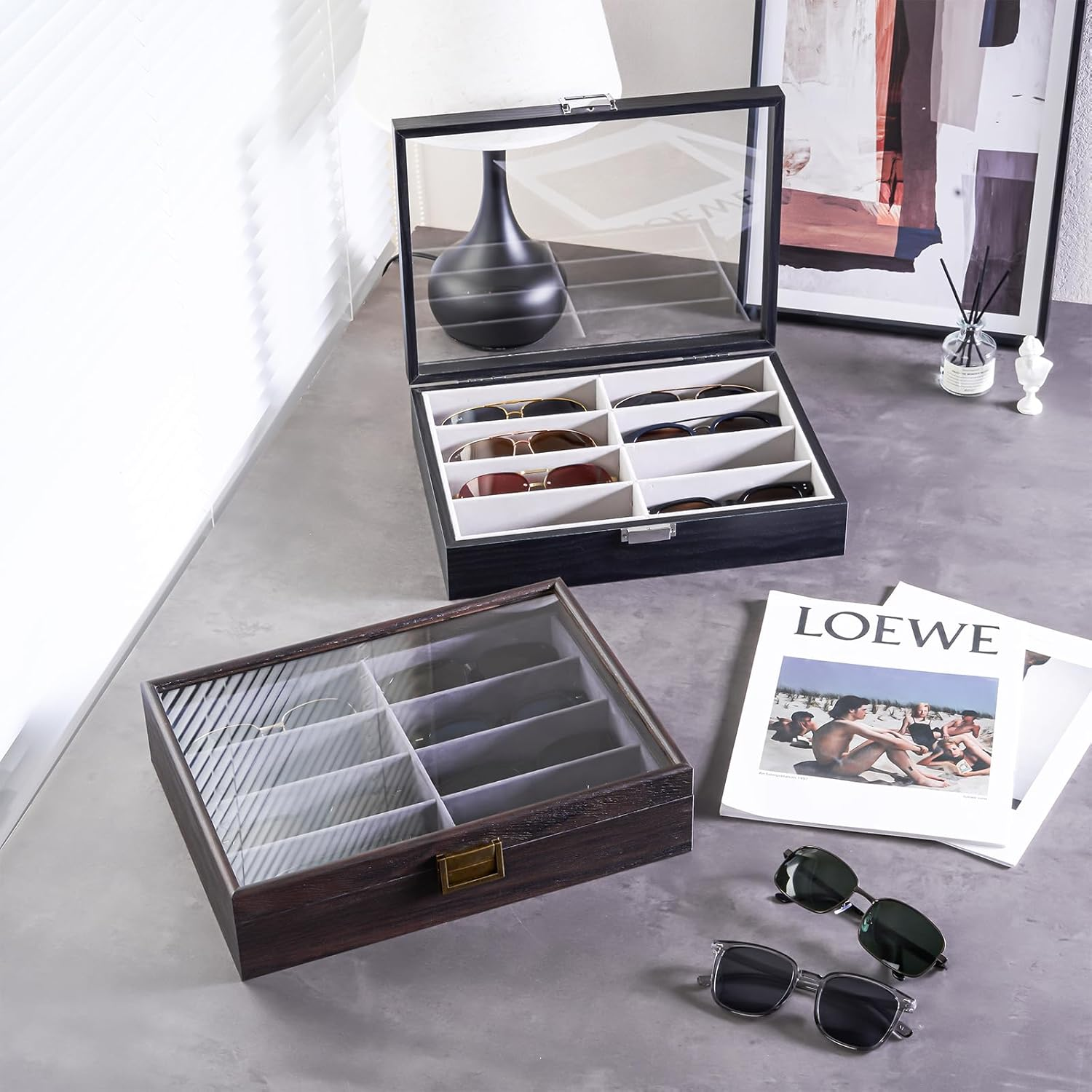 Procase 8 Slots Wooden Sunglasses Case Organizer Trays for Men Women, Glass Display Case Multiple Pairs Eyewear Eyeglass Holder Storage Box