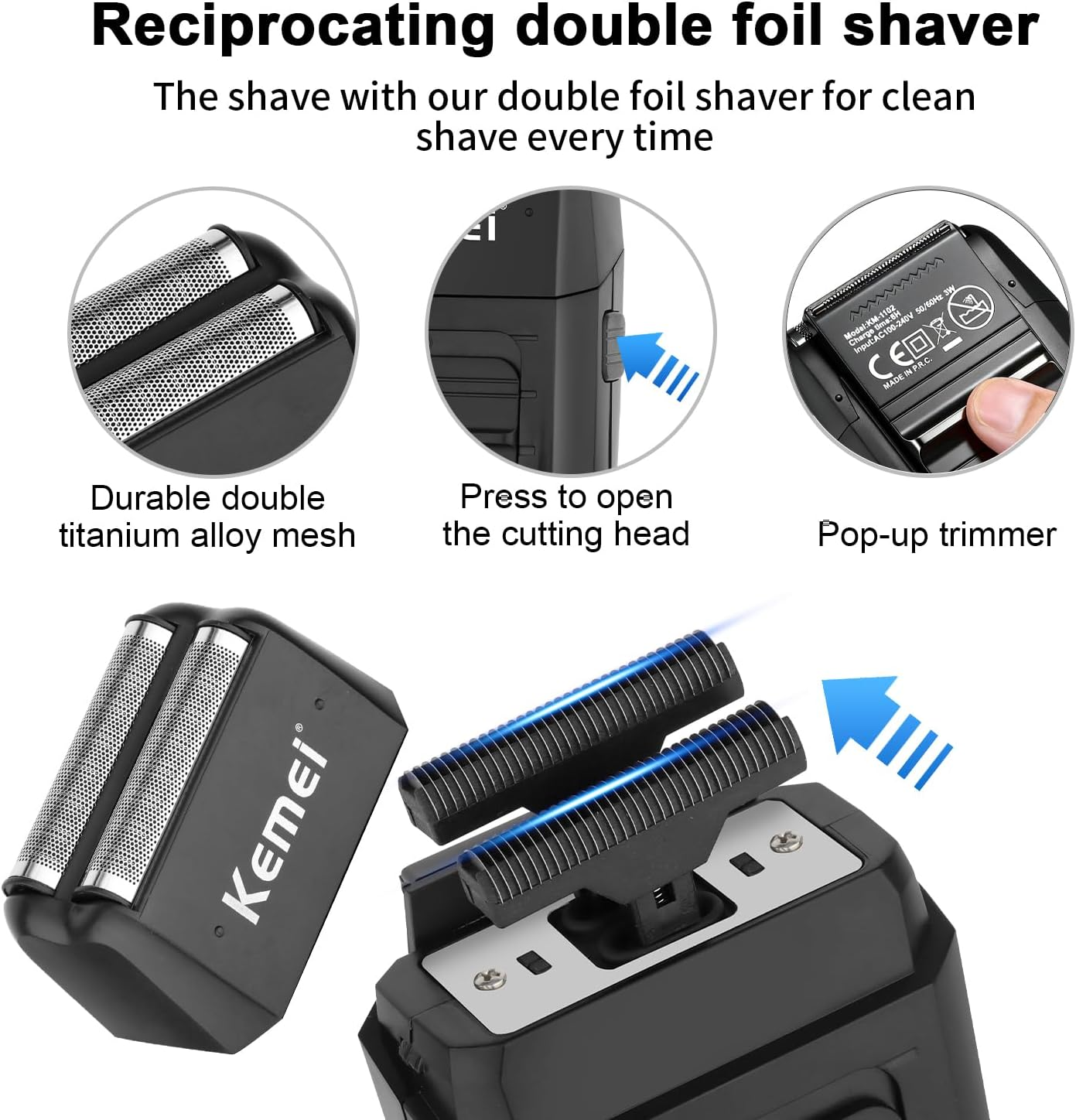 KEMEI Professional Hair Clippers for Men, Cordless Barber Clipper Beard Trimmer Foil Shaver Nose Eyebrow Ear Trimmer Set, USB Charging Complete Electric Hair Cutting Kit with 11 Guide Combs image number 3