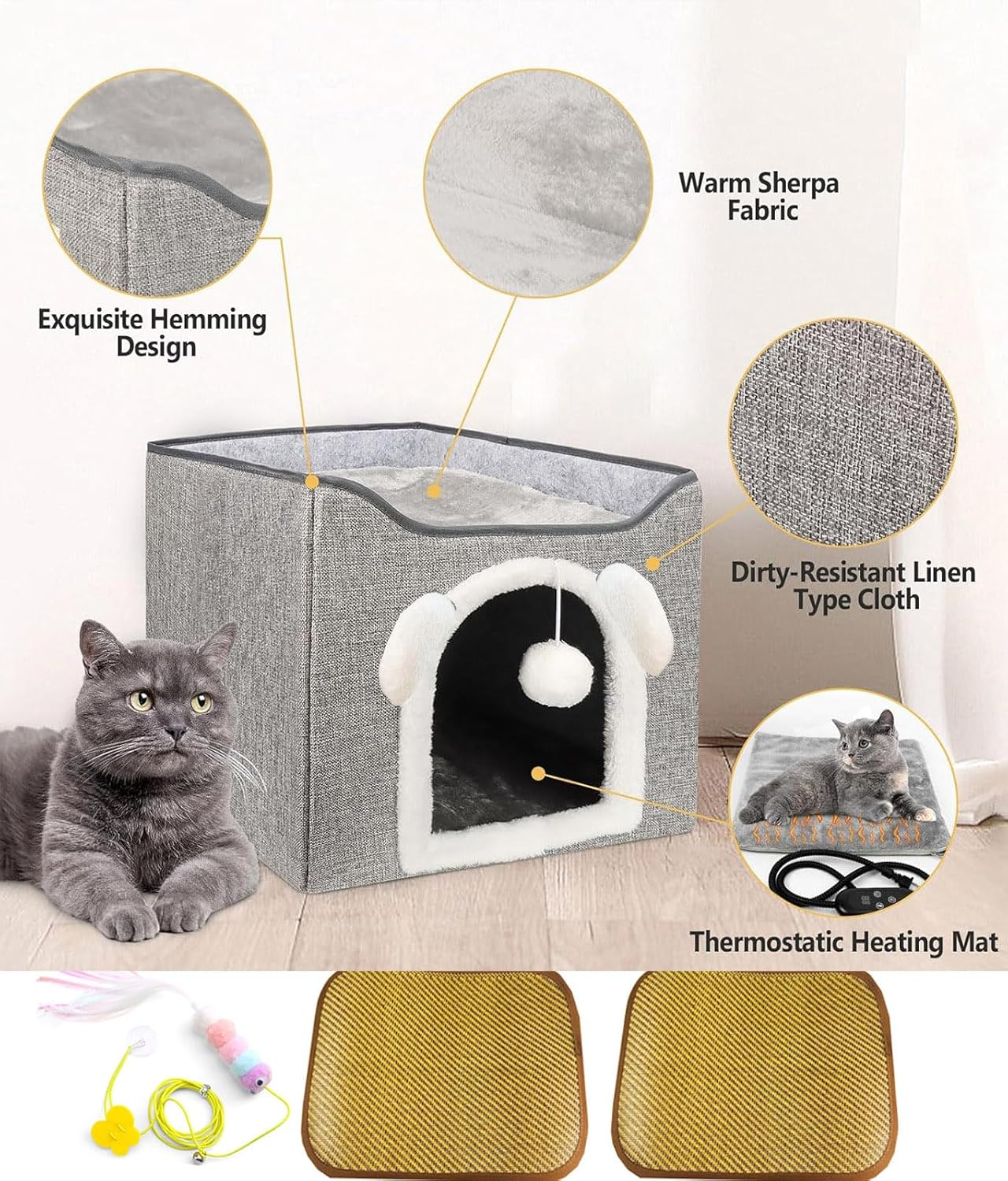 Cat Beds for Indoor Cats,Large Cat Bed for Indoor Cats with Fluffy Ball Hanging and Scratch Pad, Foldable Cute Pet Condos, Pet Cubes, Pet Hideaway with Rattan Mat, 2 - Level