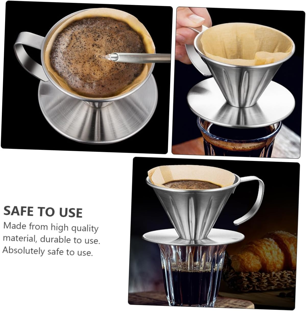 LIFKOME Stainless Steel Coffee Filter Drip Funnel with Handle and Base Reusable Coffee Strainer for Home Brewing and Tea Making image number 1