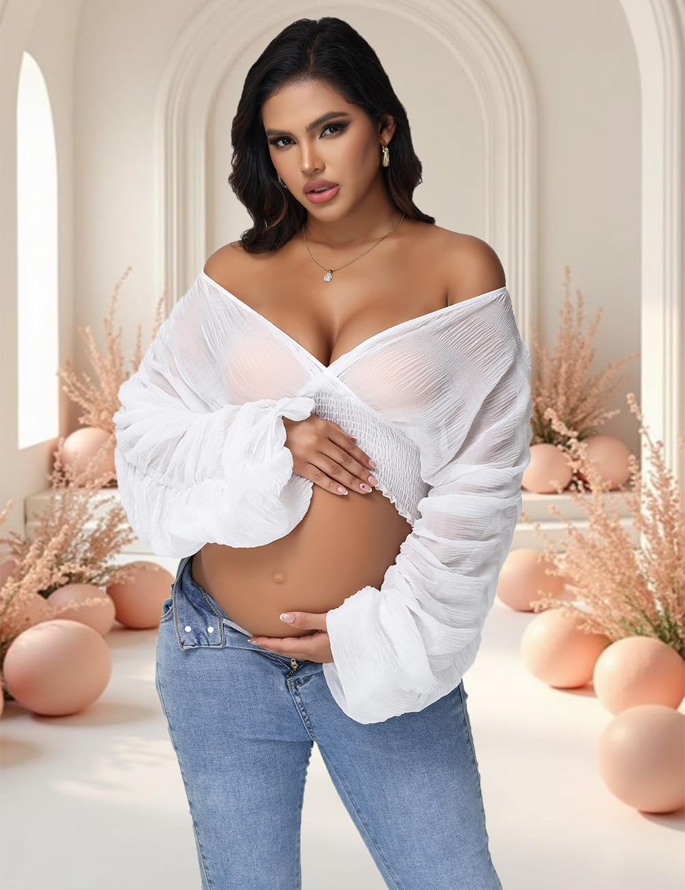 Justvh Women'S Maternity V Neck Chiffon Tunic Top Shirts for Photoshoot Puff Sleeves See-Through Casual Pregnancy Blouse image number 1